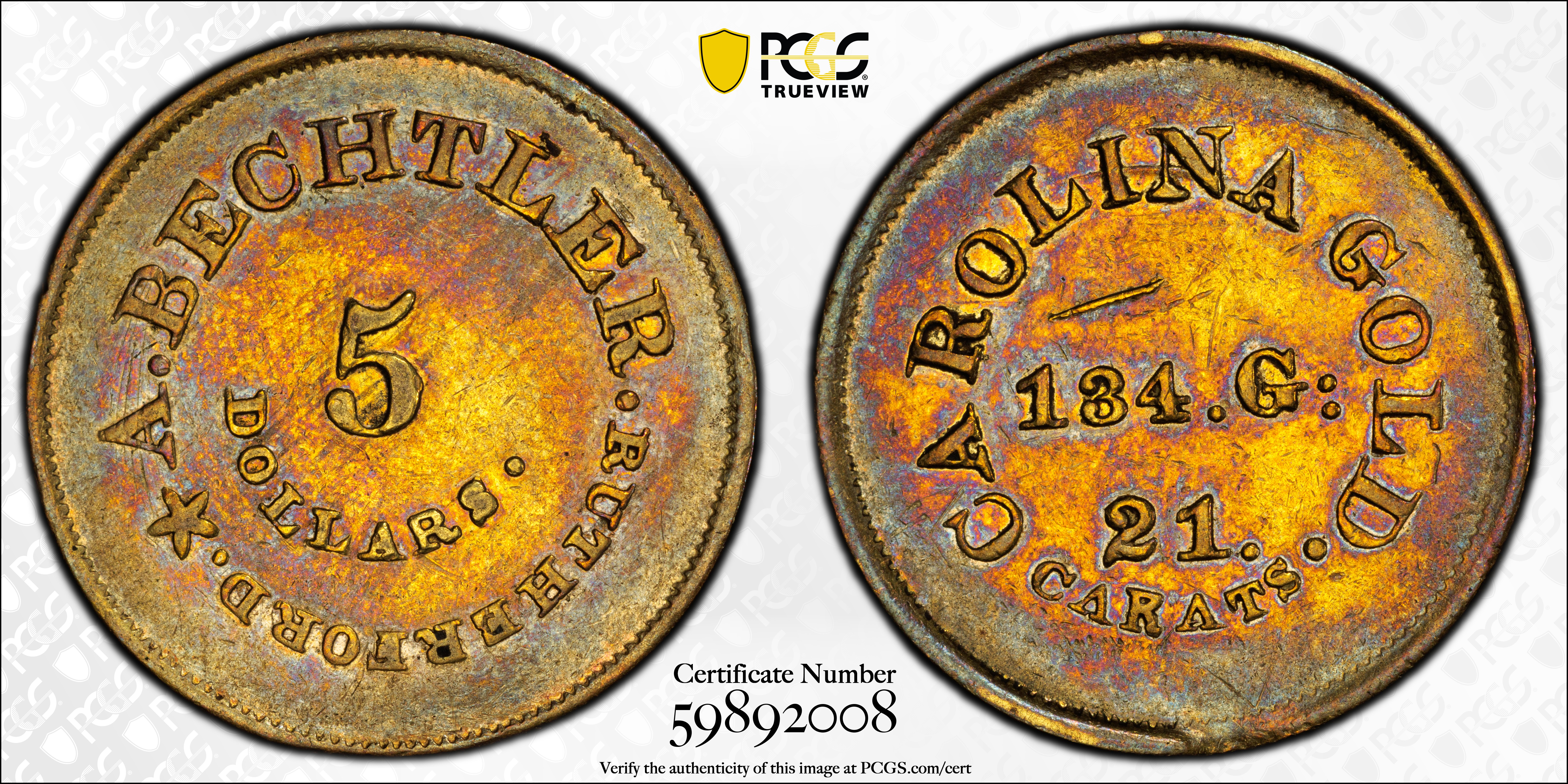 image for: Undated (1842-1852) August Bechtler $5. K-27. Rarity-5+. 134.G:, 21 CARATS. AU-50 (PCGS). CAC.
