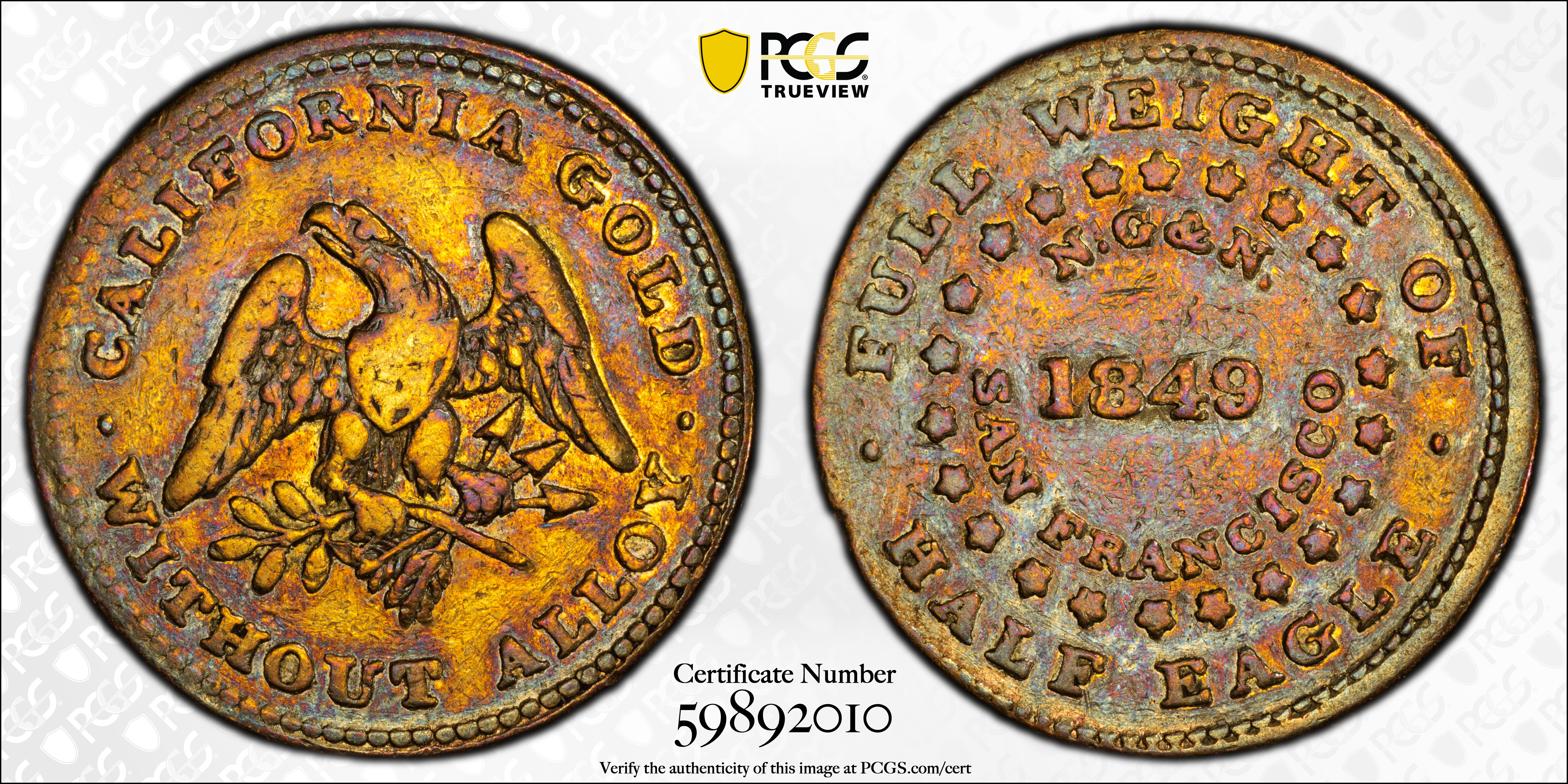 image for: 1849 Norris, Gregg & Norris $5. K-2. Rarity-5-. Period After ALLOY. Plain Edge. VF-30 (PCGS). CAC.