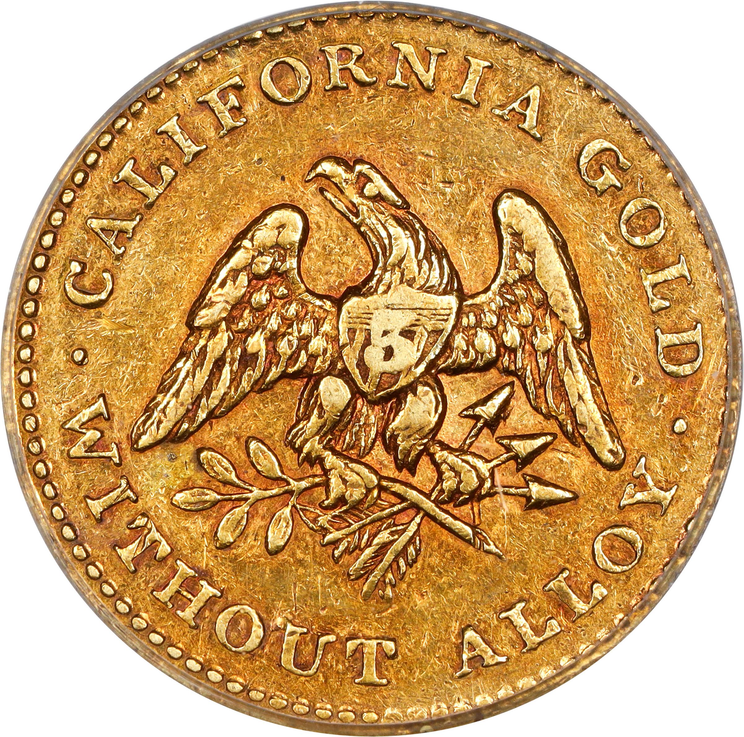 image for: 1849 Norris, Gregg & Norris $5. K-3. Rarity-6+. No Period After Alloy. Reeded Edge. AU-55 (PCGS). CMQ.