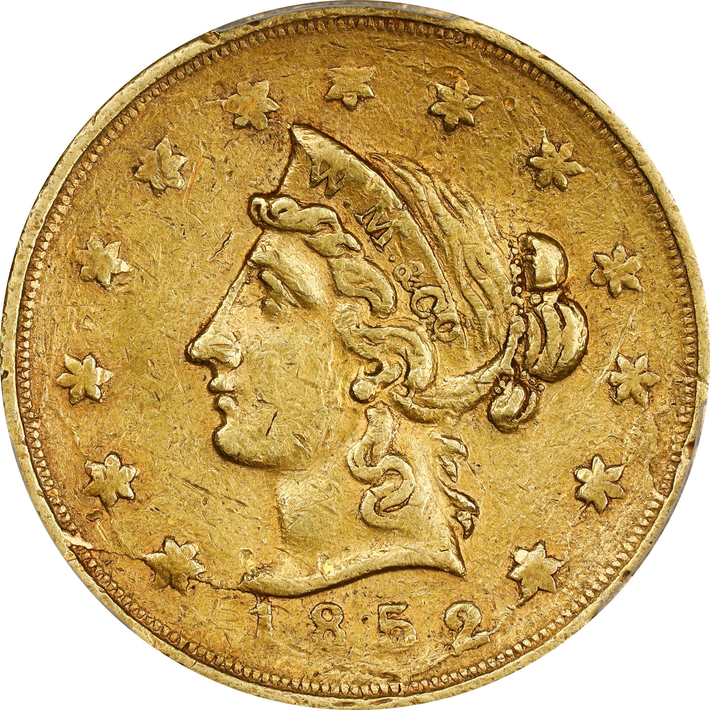 image for: 1852 Wass, Molitor & Co. $10. K-4. Rarity-4+. Large Head, Wide Uneven Date. EF-45 (PCGS). CMQ.