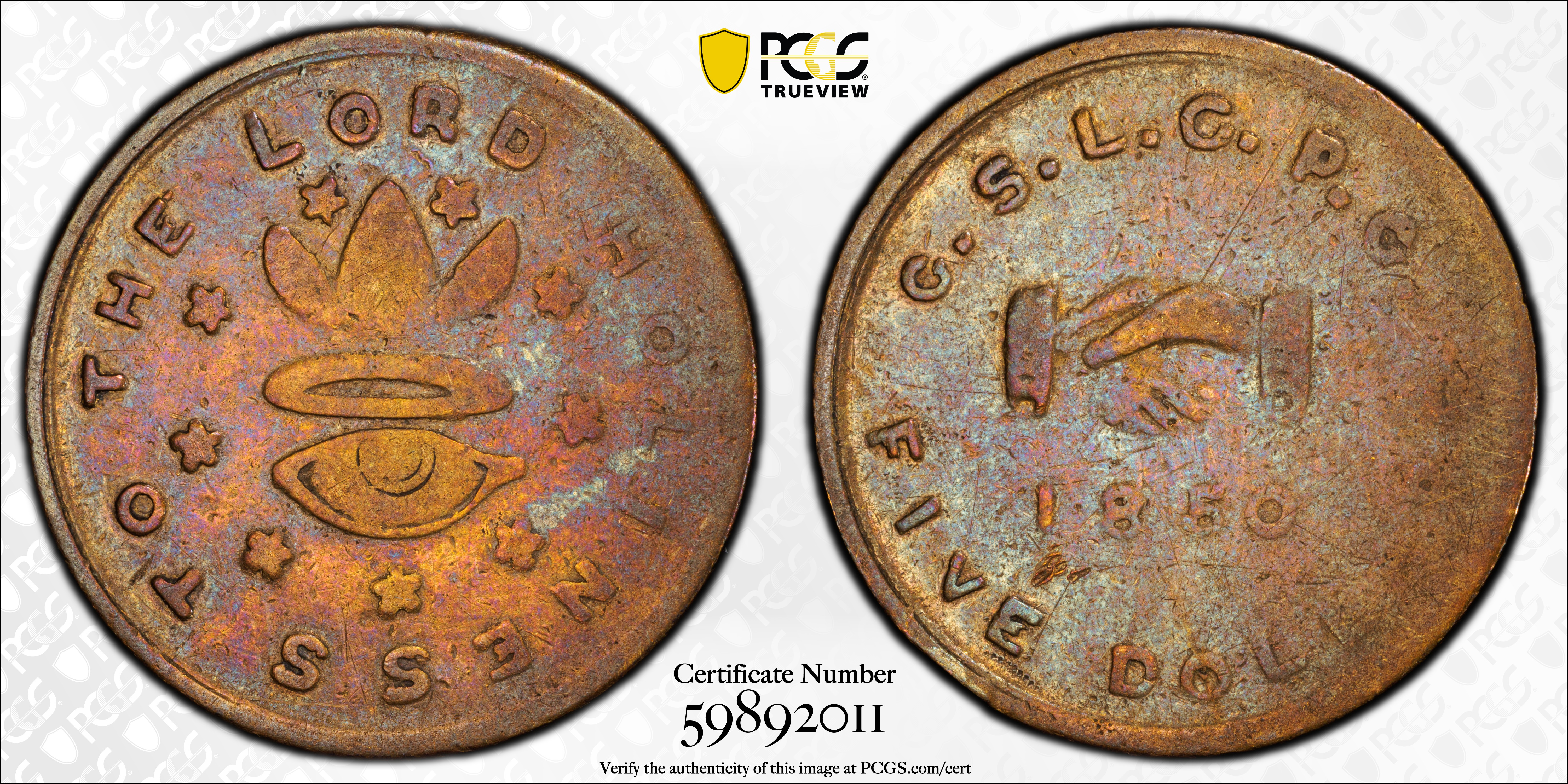 image for: 1850 Mormon $5. K-5. Rarity-5. Fine-15 (PCGS).