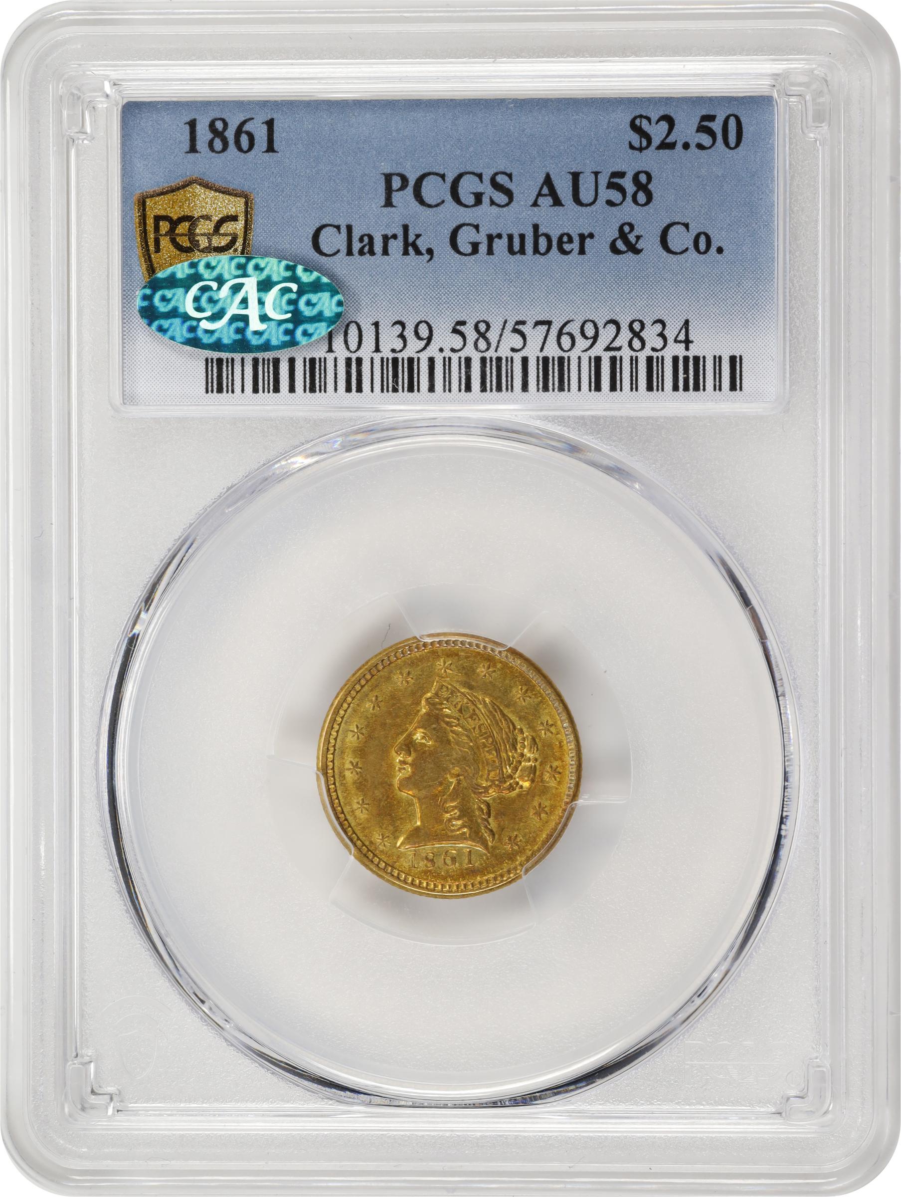 image for: 1861 Clark, Gruber & Co. $2.50. K-5. Rarity-4. AU-58 (PCGS). CAC.