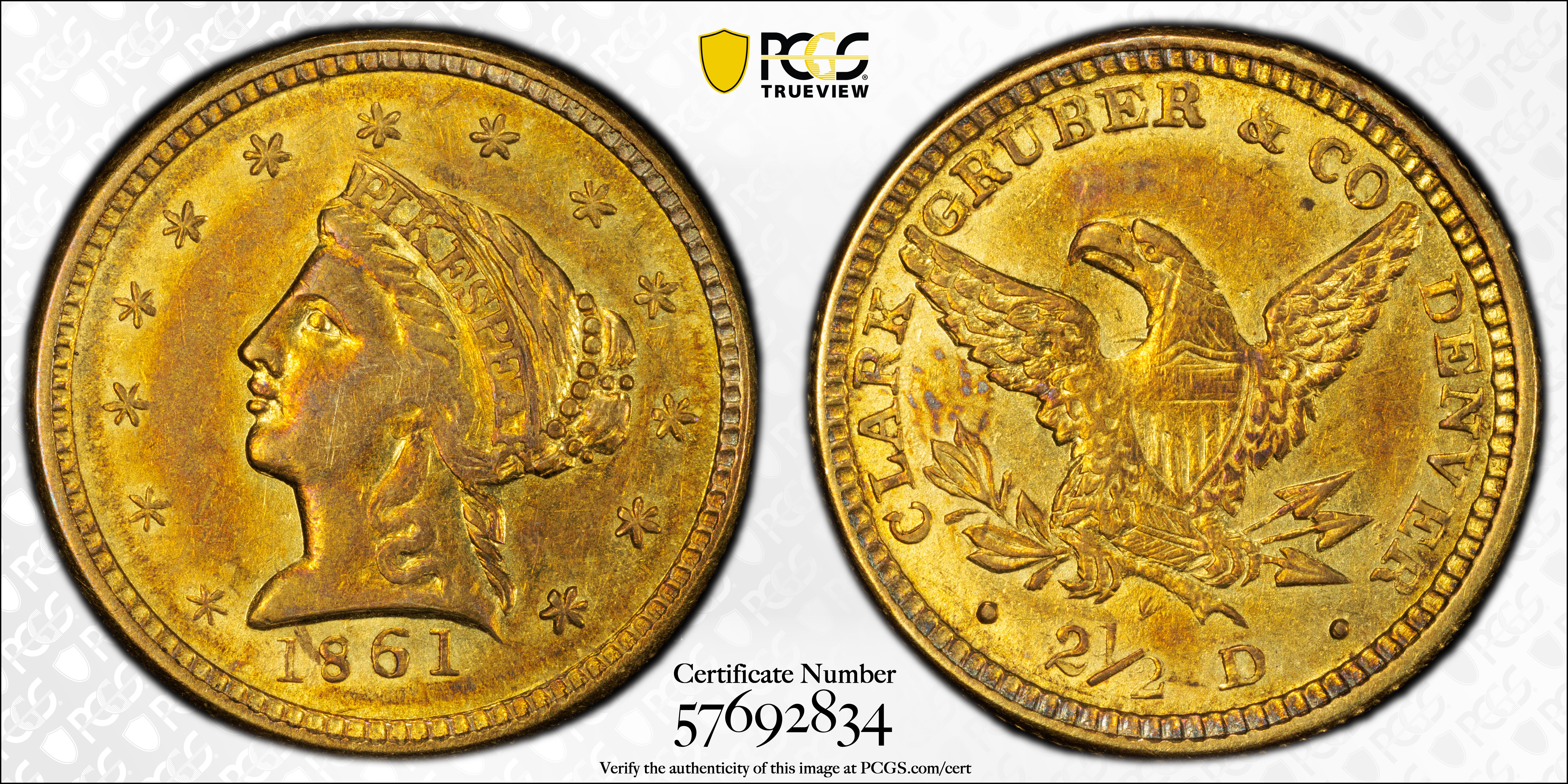 image for: 1861 Clark, Gruber & Co. $2.50. K-5. Rarity-4. AU-58 (PCGS). CAC.