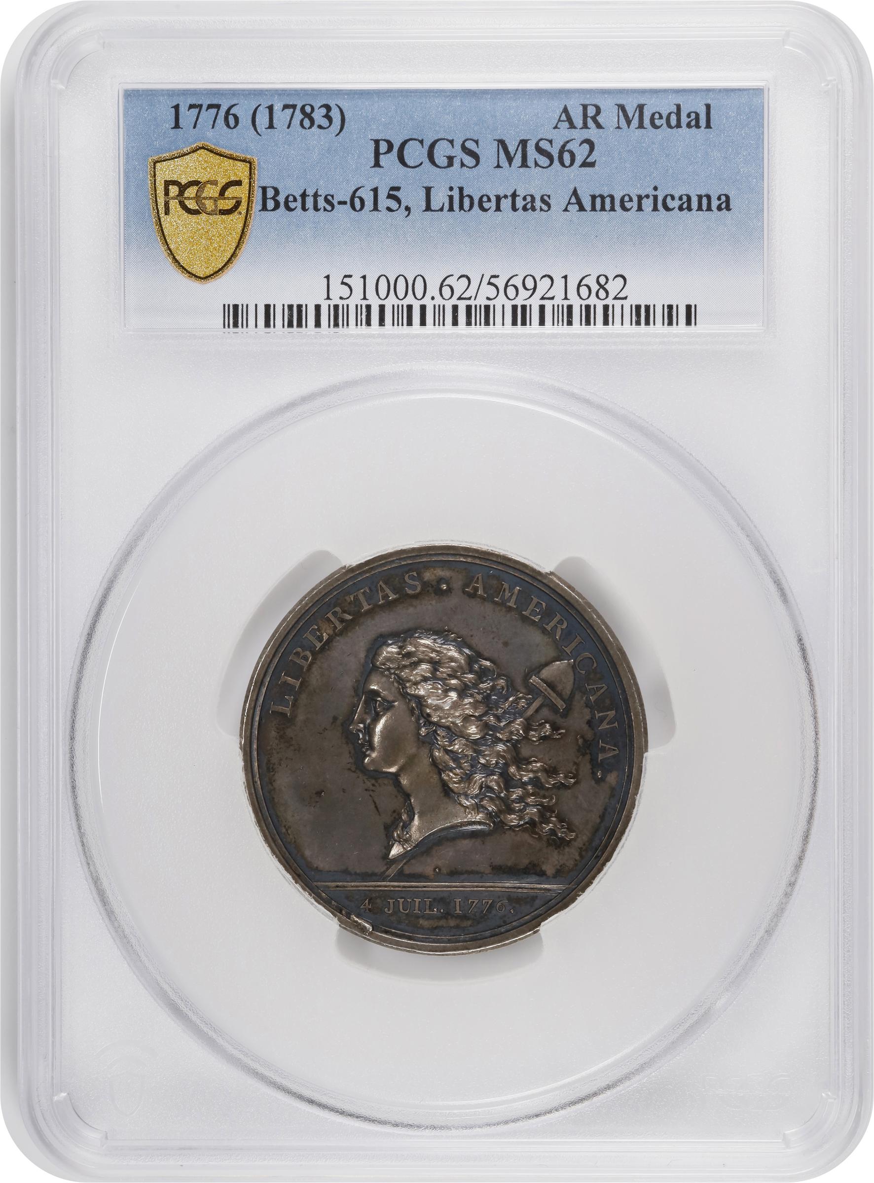 image for: "1781" (1783) Libertas Americana Medal. Original. Paris Mint. By Augustin Dupre. Betts-615, Adams-Bentley 15. Silver. MS-62 (PCGS).