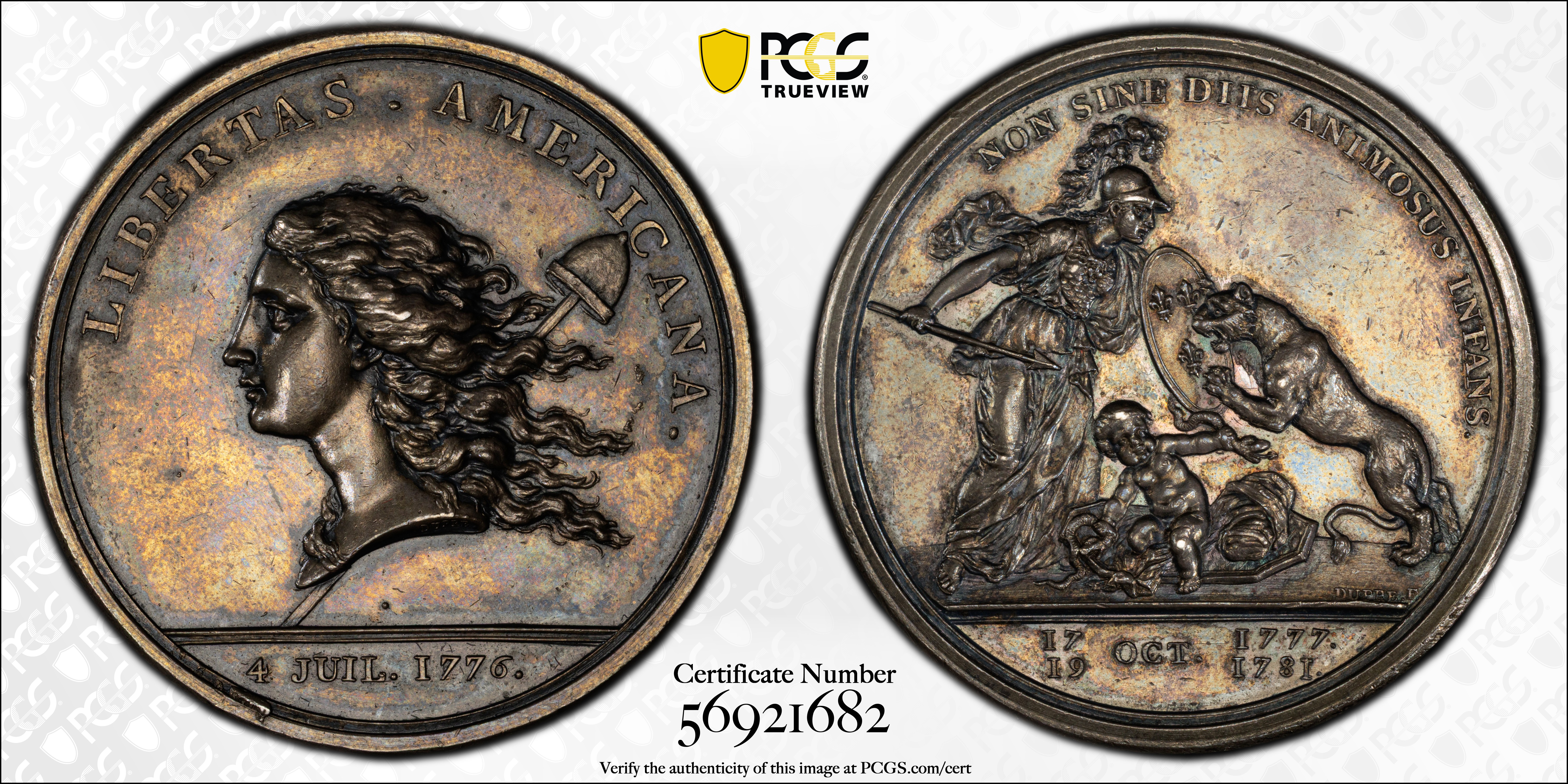 image for: "1781" (1783) Libertas Americana Medal. Original. Paris Mint. By Augustin Dupre. Betts-615, Adams-Bentley 15. Silver. MS-62 (PCGS).