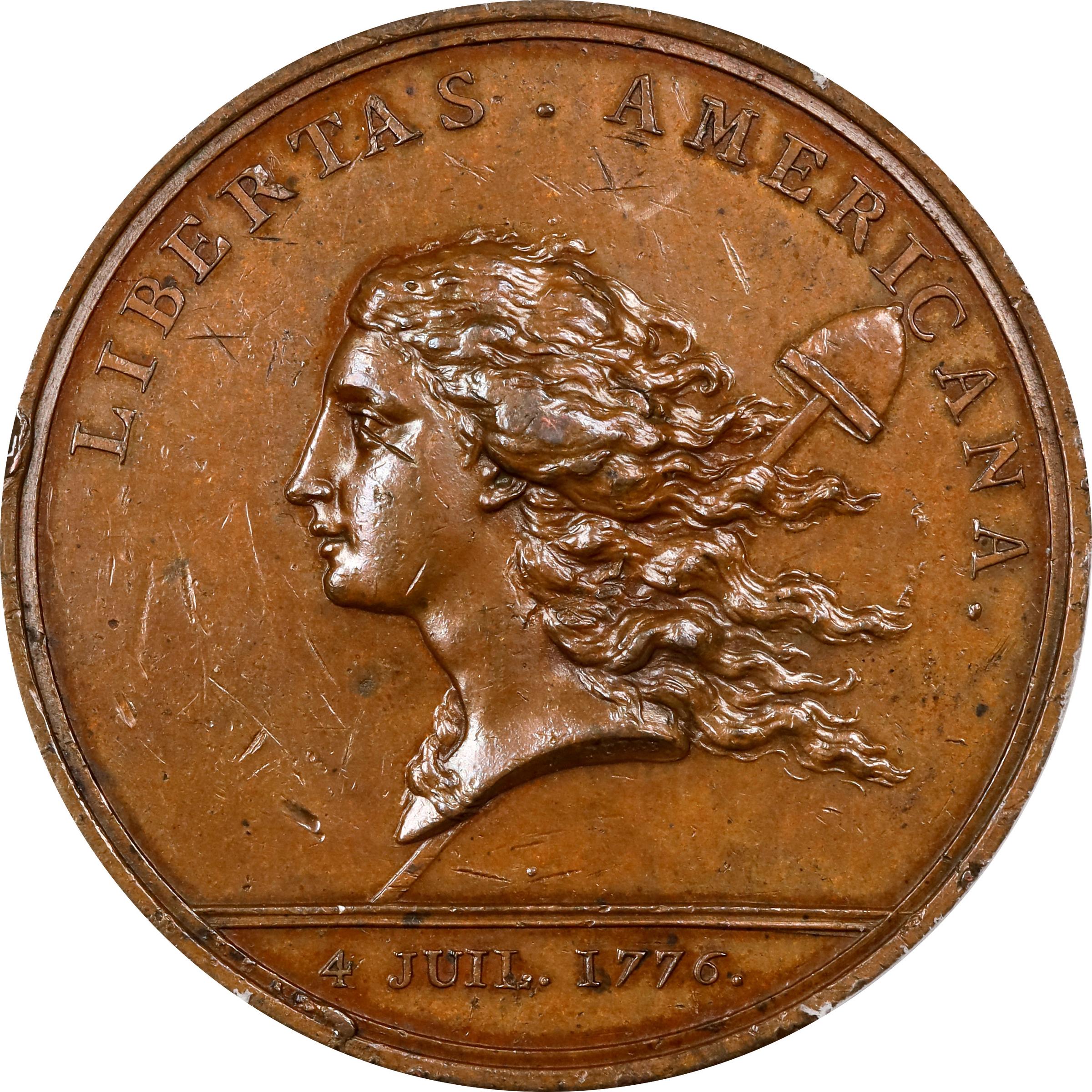 image for: "1781" (1783) Libertas Americana Medal. Original. Paris Mint. By Augustin Dupre. Betts-615, Adams-Bentley 15. Bronze. AU-55 (PCGS).