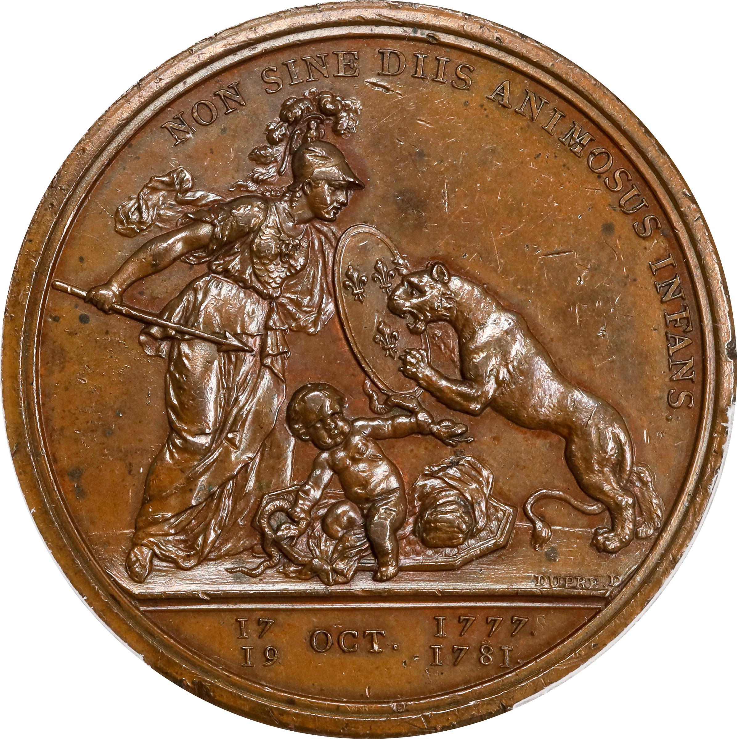 image for: "1781" (1783) Libertas Americana Medal. Original. Paris Mint. By Augustin Dupre. Betts-615, Adams-Bentley 15. Bronze. AU-55 (PCGS).