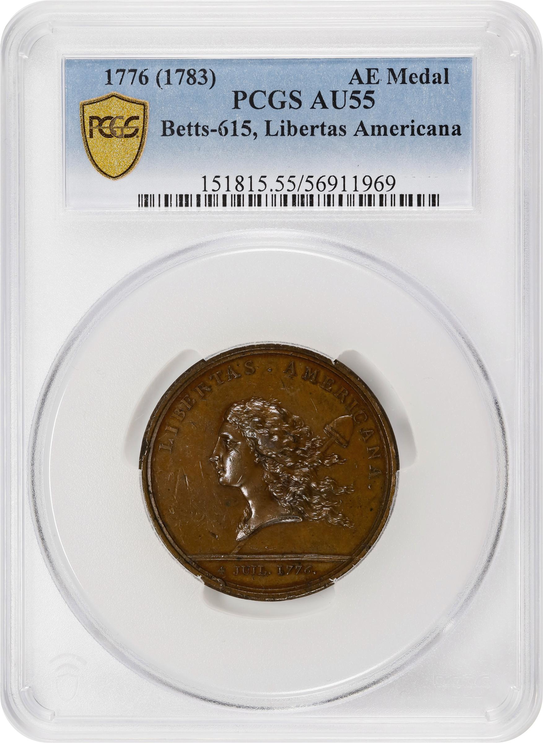 image for: "1781" (1783) Libertas Americana Medal. Original. Paris Mint. By Augustin Dupre. Betts-615, Adams-Bentley 15. Bronze. AU-55 (PCGS).