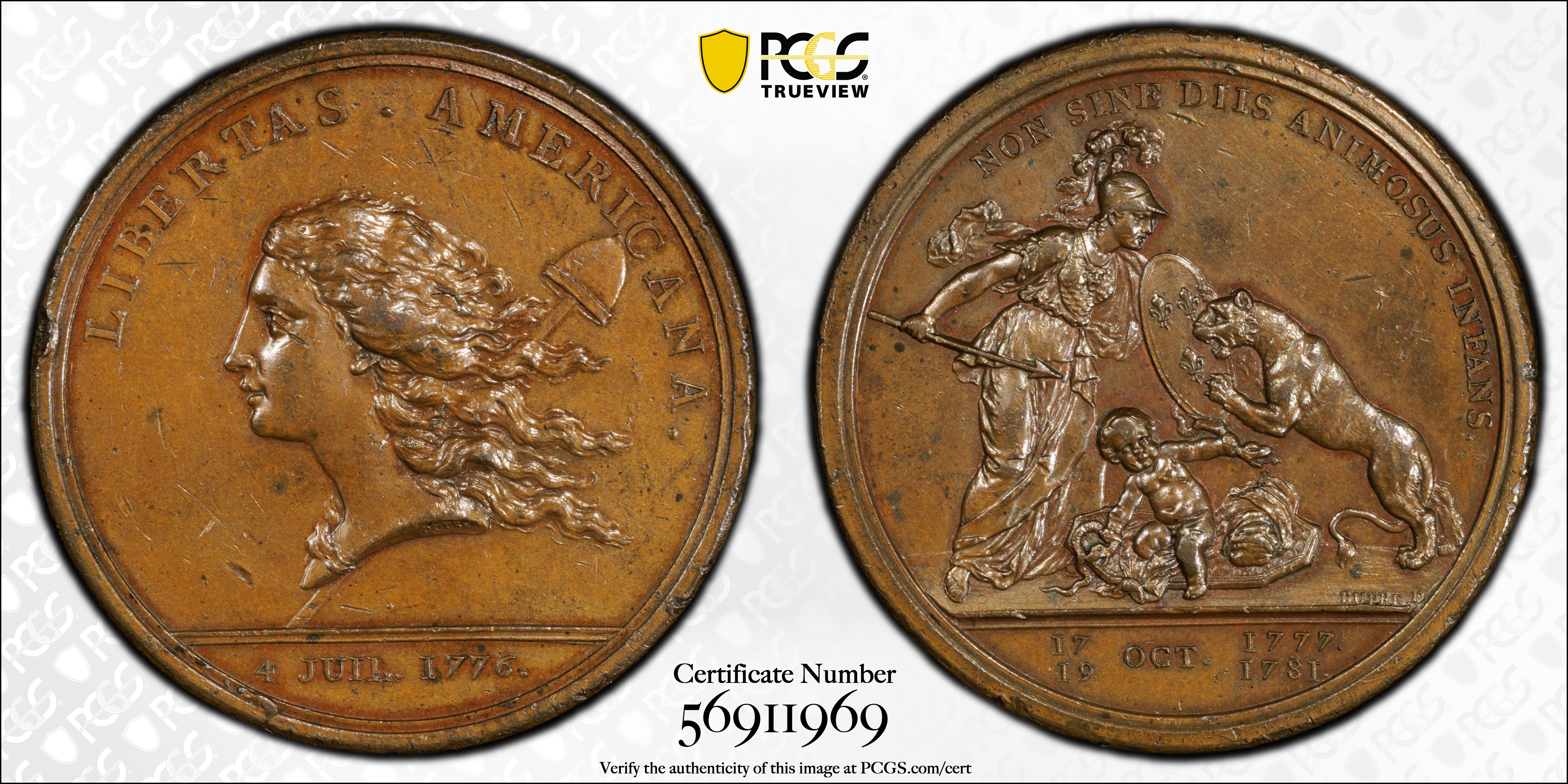 image for: "1781" (1783) Libertas Americana Medal. Original. Paris Mint. By Augustin Dupre. Betts-615, Adams-Bentley 15. Bronze. AU-55 (PCGS).