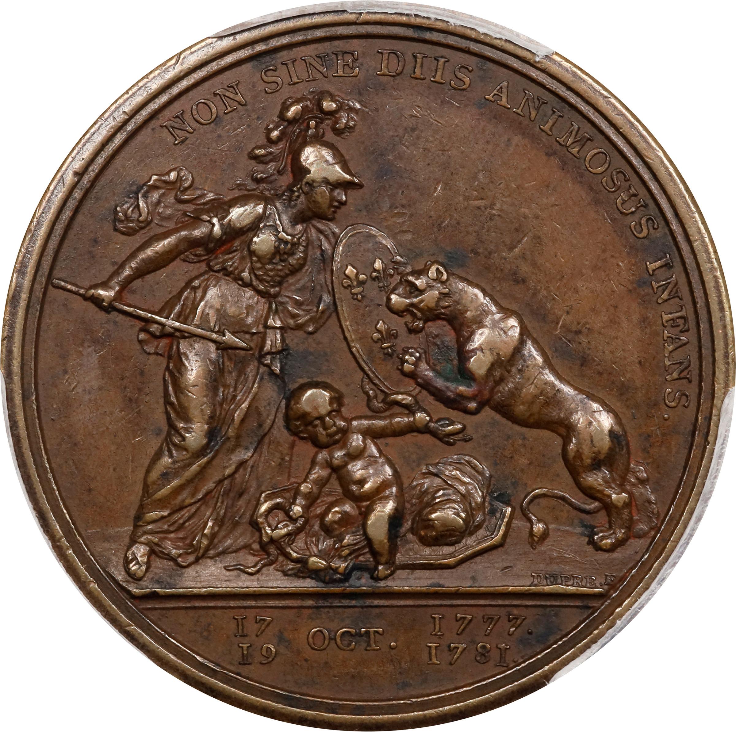 image for: "1781" (1783) Libertas Americana Medal. Original. Paris Mint. By Augustin Dupre. Betts-615, Adams-Bentley 15. Bronze. AU-50 (PCGS).
