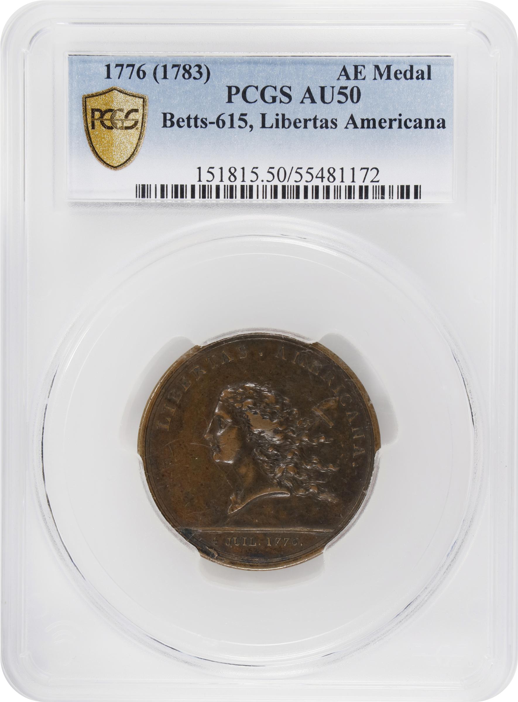 image for: "1781" (1783) Libertas Americana Medal. Original. Paris Mint. By Augustin Dupre. Betts-615, Adams-Bentley 15. Bronze. AU-50 (PCGS).