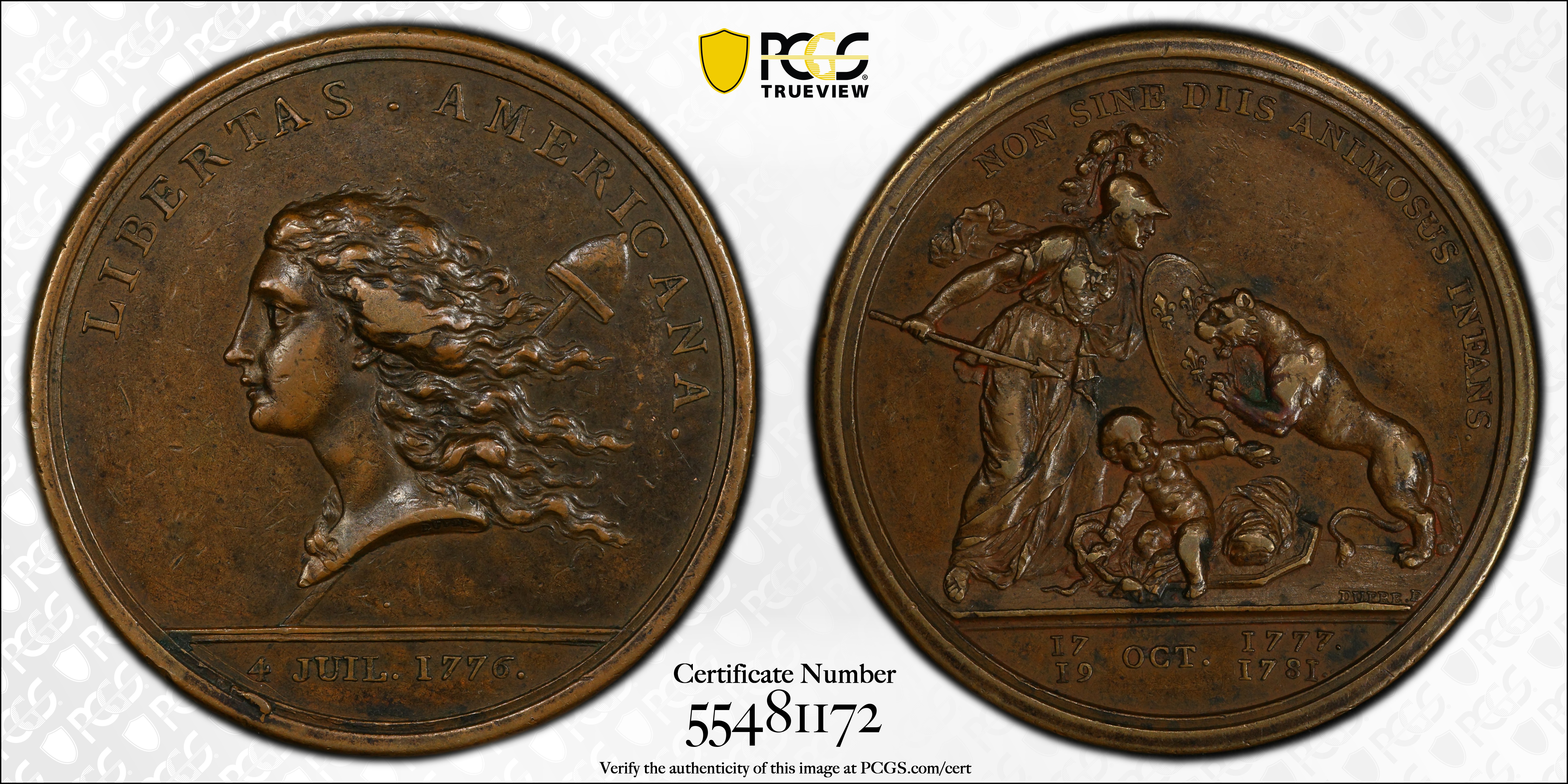 image for: "1781" (1783) Libertas Americana Medal. Original. Paris Mint. By Augustin Dupre. Betts-615, Adams-Bentley 15. Bronze. AU-50 (PCGS).