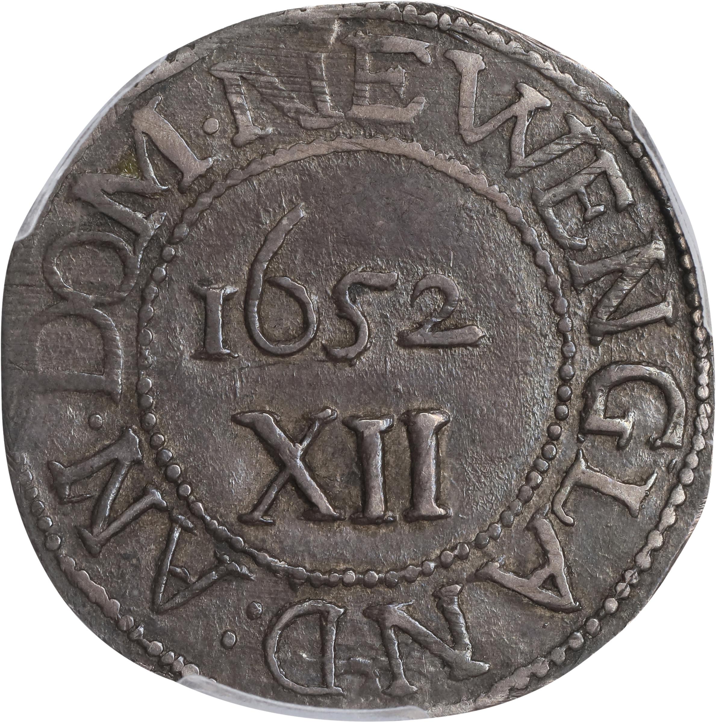 image for: 1652 Oak Tree Shilling. Noe-1, Salmon 1-A, W-430. Rarity-3. IN at Left. AU-58+ (PCGS).