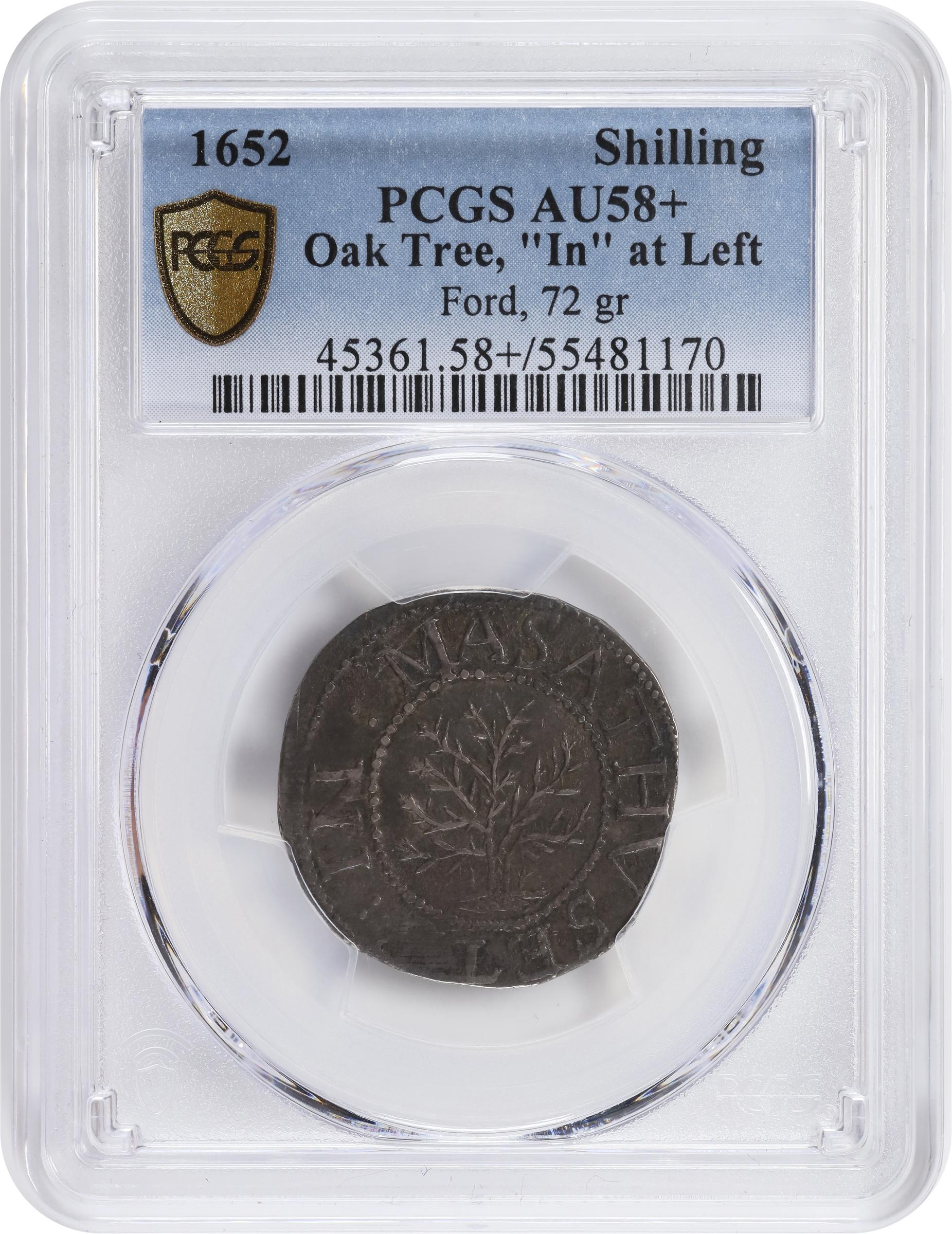 image for: 1652 Oak Tree Shilling. Noe-1, Salmon 1-A, W-430. Rarity-3. IN at Left. AU-58+ (PCGS).