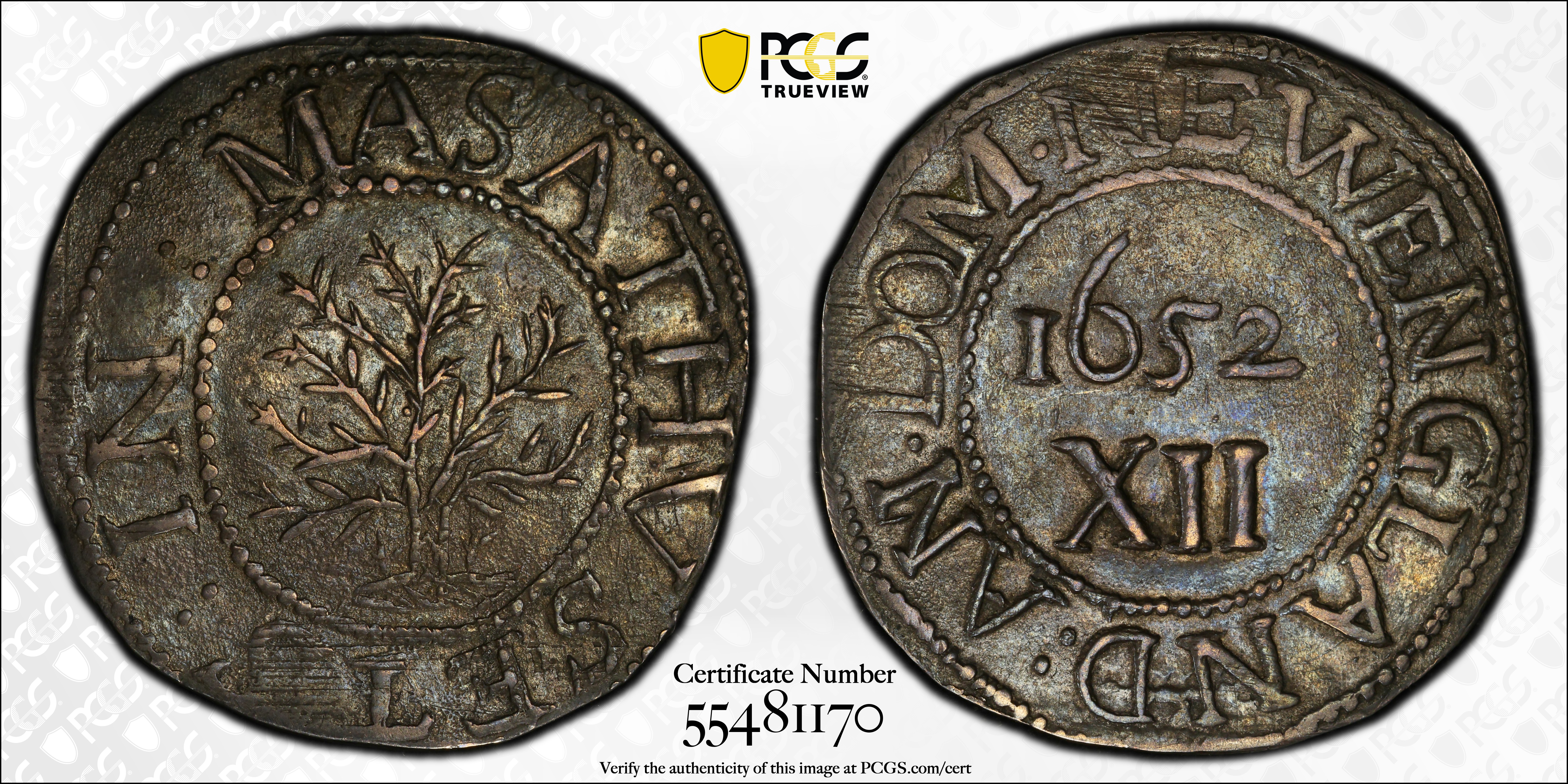 image for: 1652 Oak Tree Shilling. Noe-1, Salmon 1-A, W-430. Rarity-3. IN at Left. AU-58+ (PCGS).