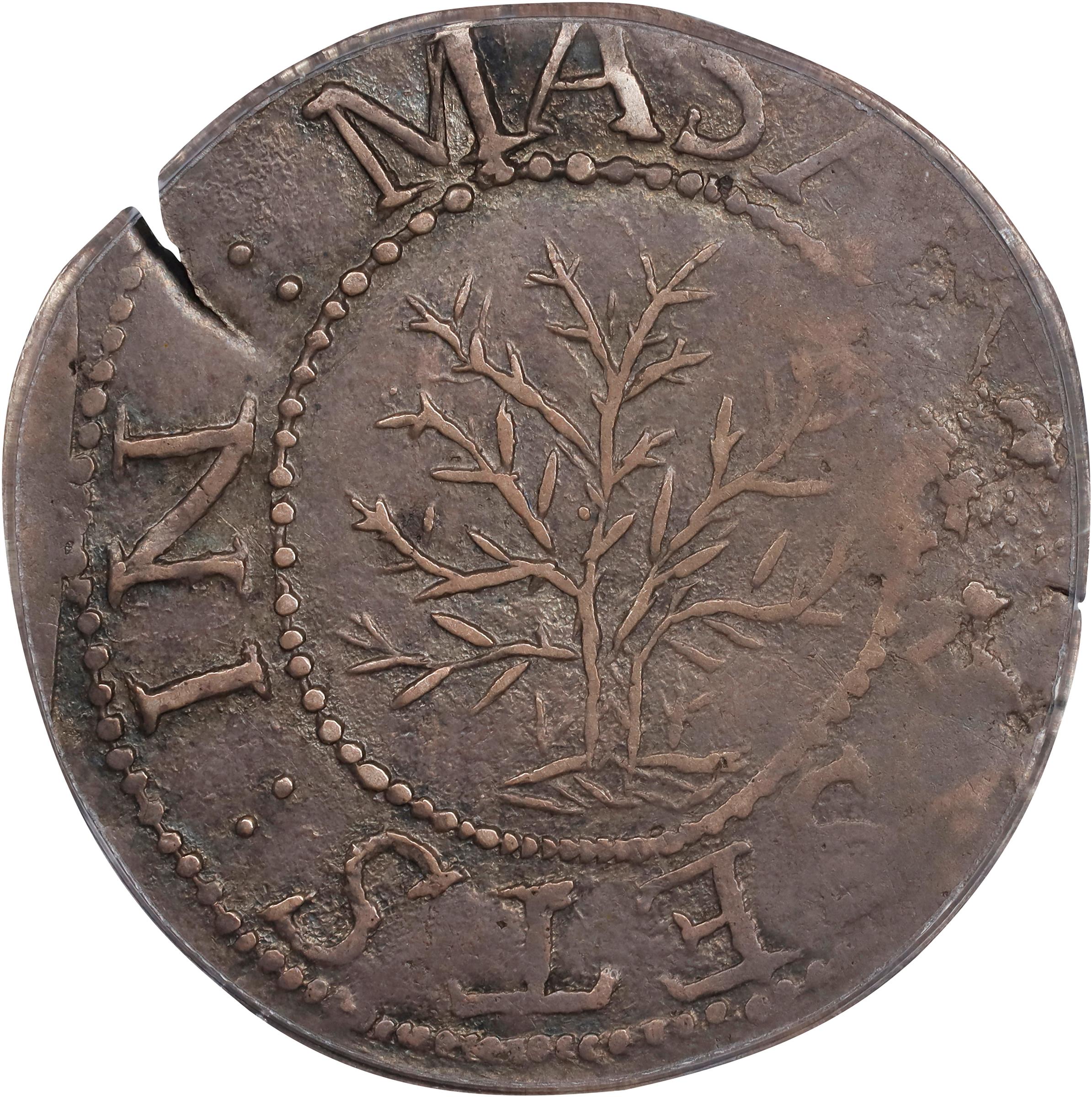 image for: 1652 Oak Tree Shilling. Noe-1, Salmon 1-A, W-430. Rarity-3. IN at Left. AU-55 (PCGS).