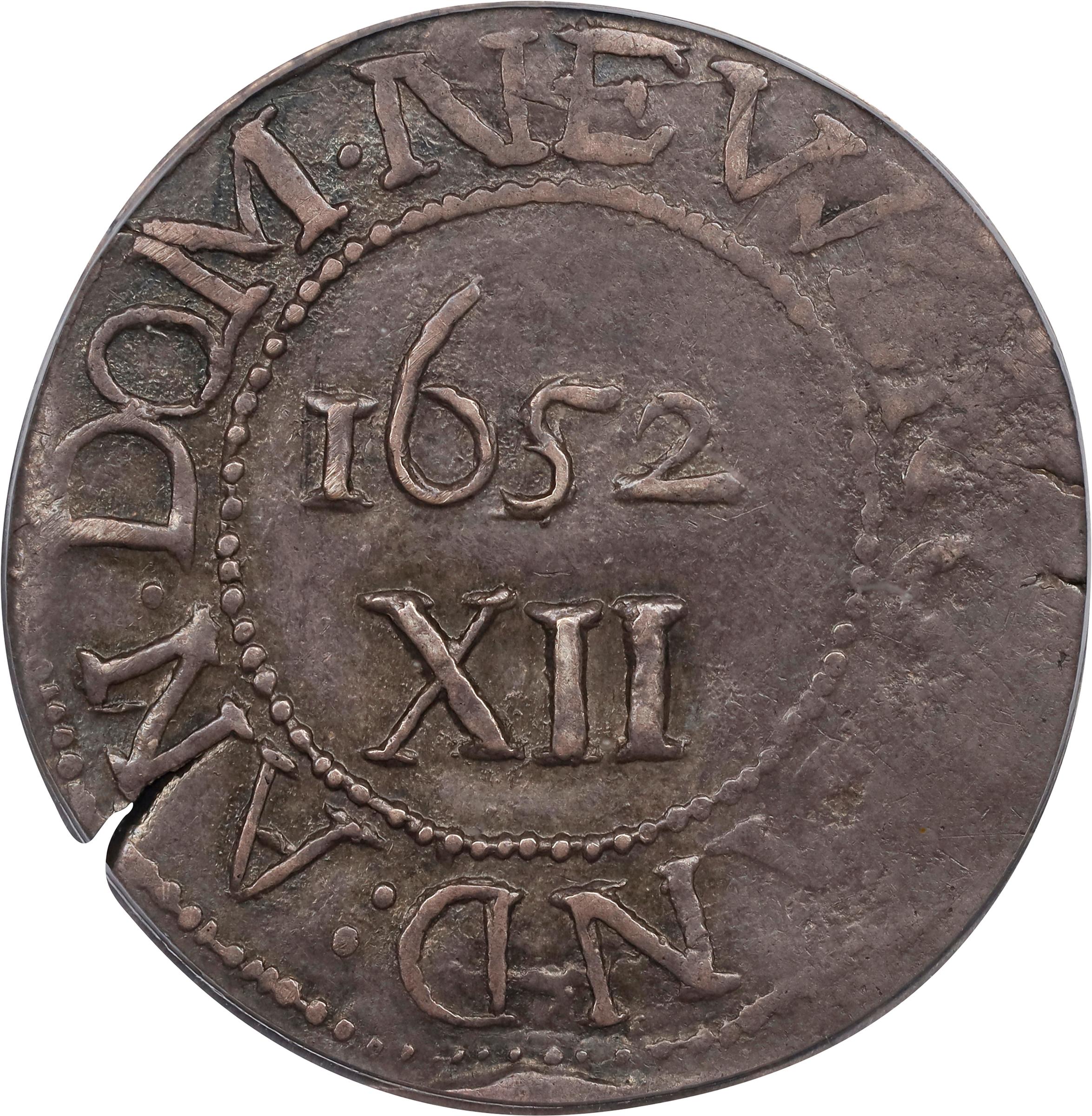 image for: 1652 Oak Tree Shilling. Noe-1, Salmon 1-A, W-430. Rarity-3. IN at Left. AU-55 (PCGS).