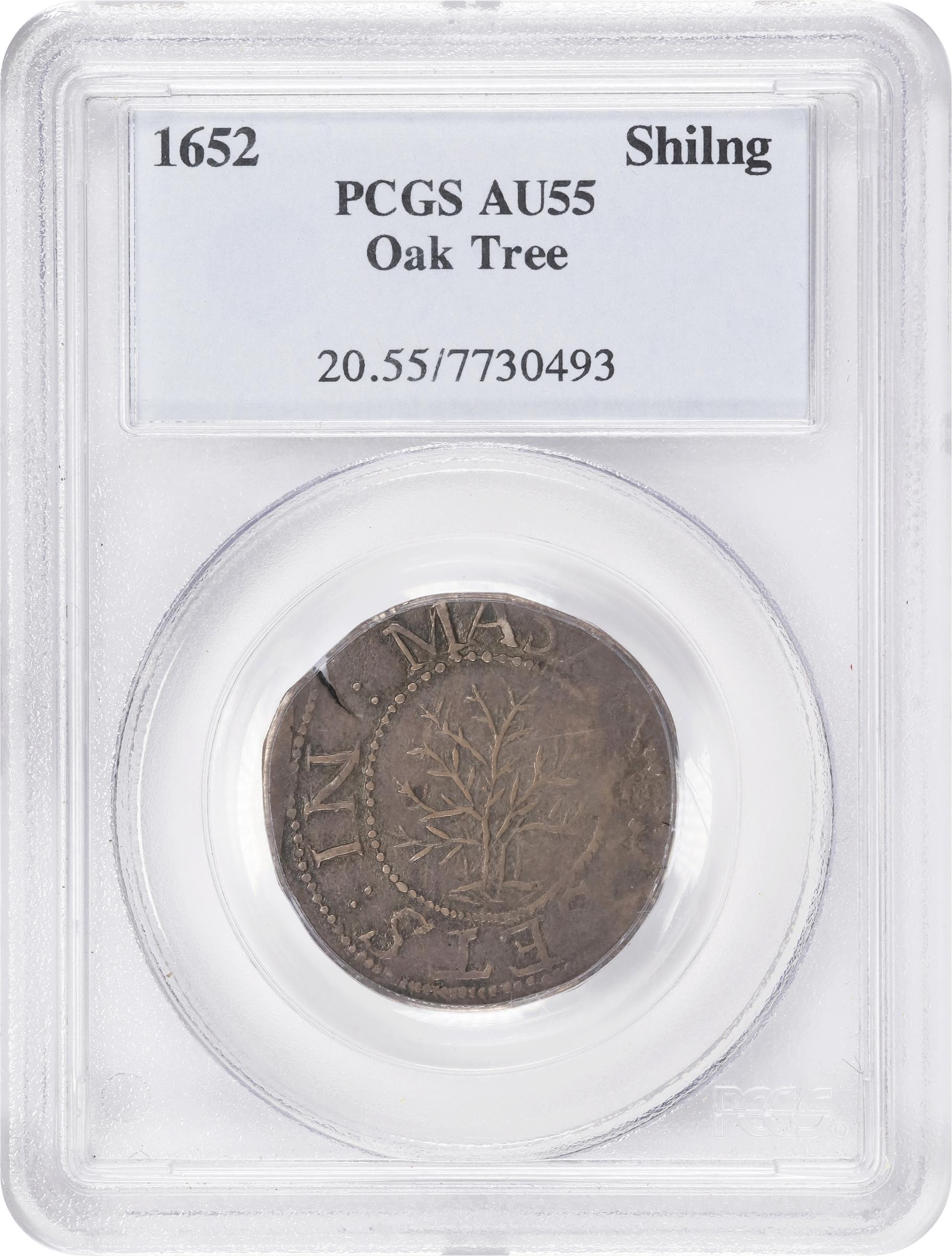 image for: 1652 Oak Tree Shilling. Noe-1, Salmon 1-A, W-430. Rarity-3. IN at Left. AU-55 (PCGS).