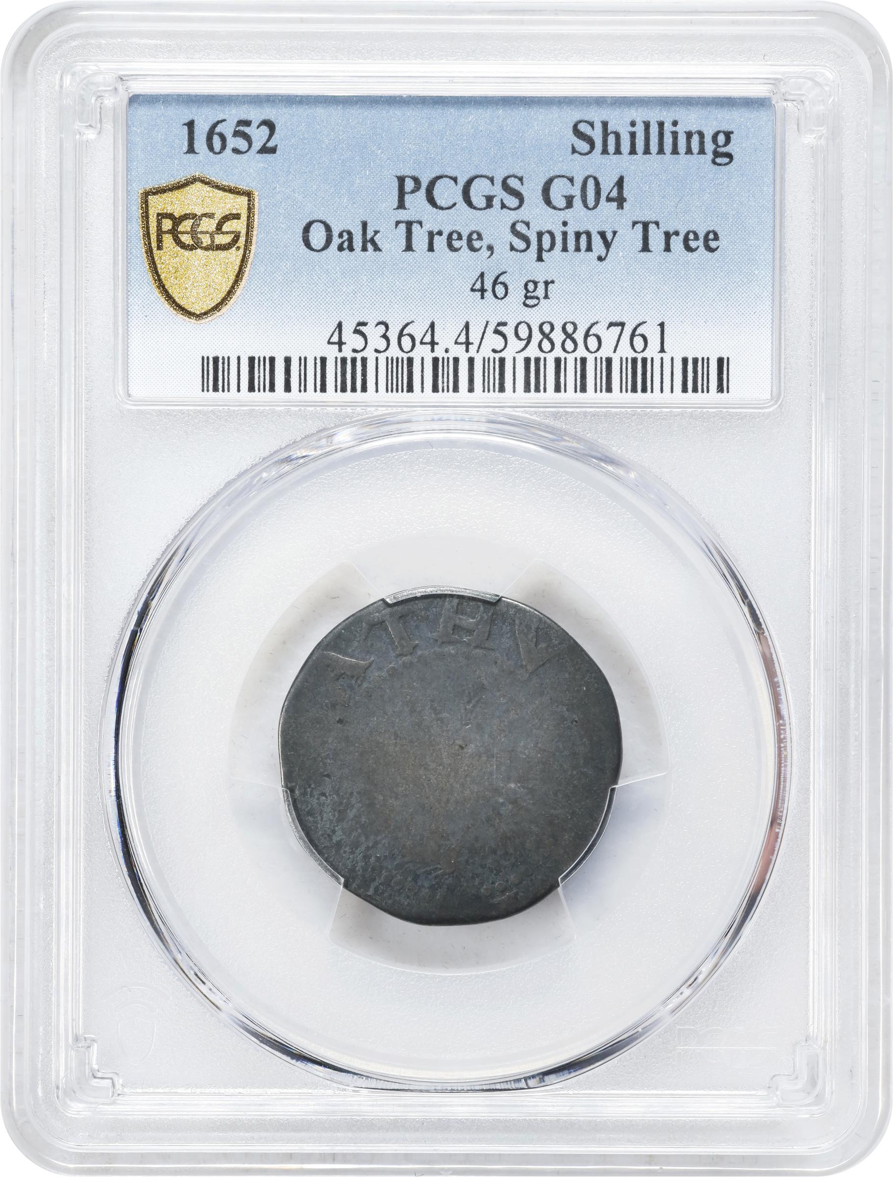 image for: 1652 Oak Tree Shilling. Noe-14, Salmon 11a-Gi, W-530. Rarity-4. IN at Bottom, Spiny Tree. Good-4 (PCGS).