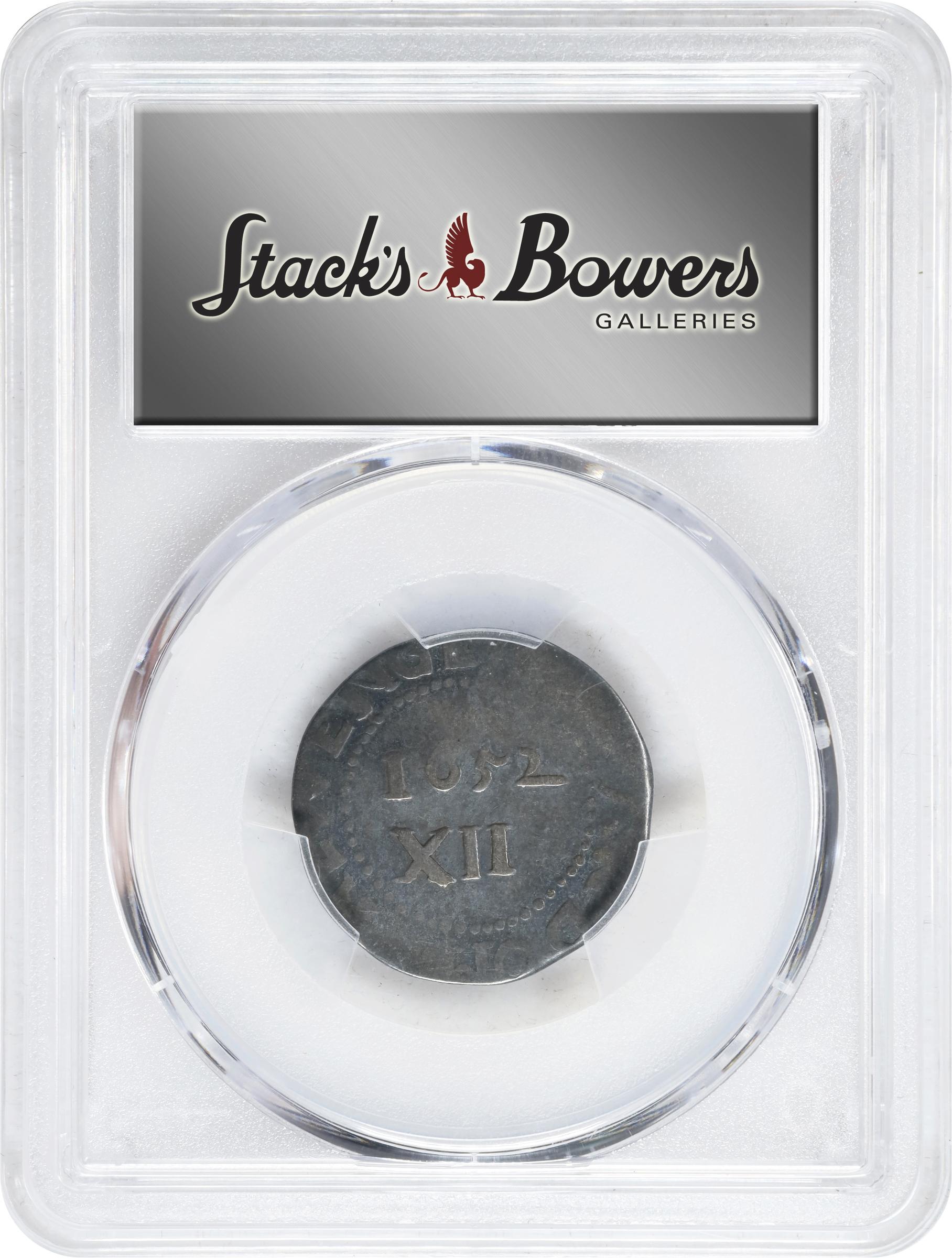 image for: 1652 Oak Tree Shilling. Noe-14, Salmon 11a-Gi, W-530. Rarity-4. IN at Bottom, Spiny Tree. Good-4 (PCGS).