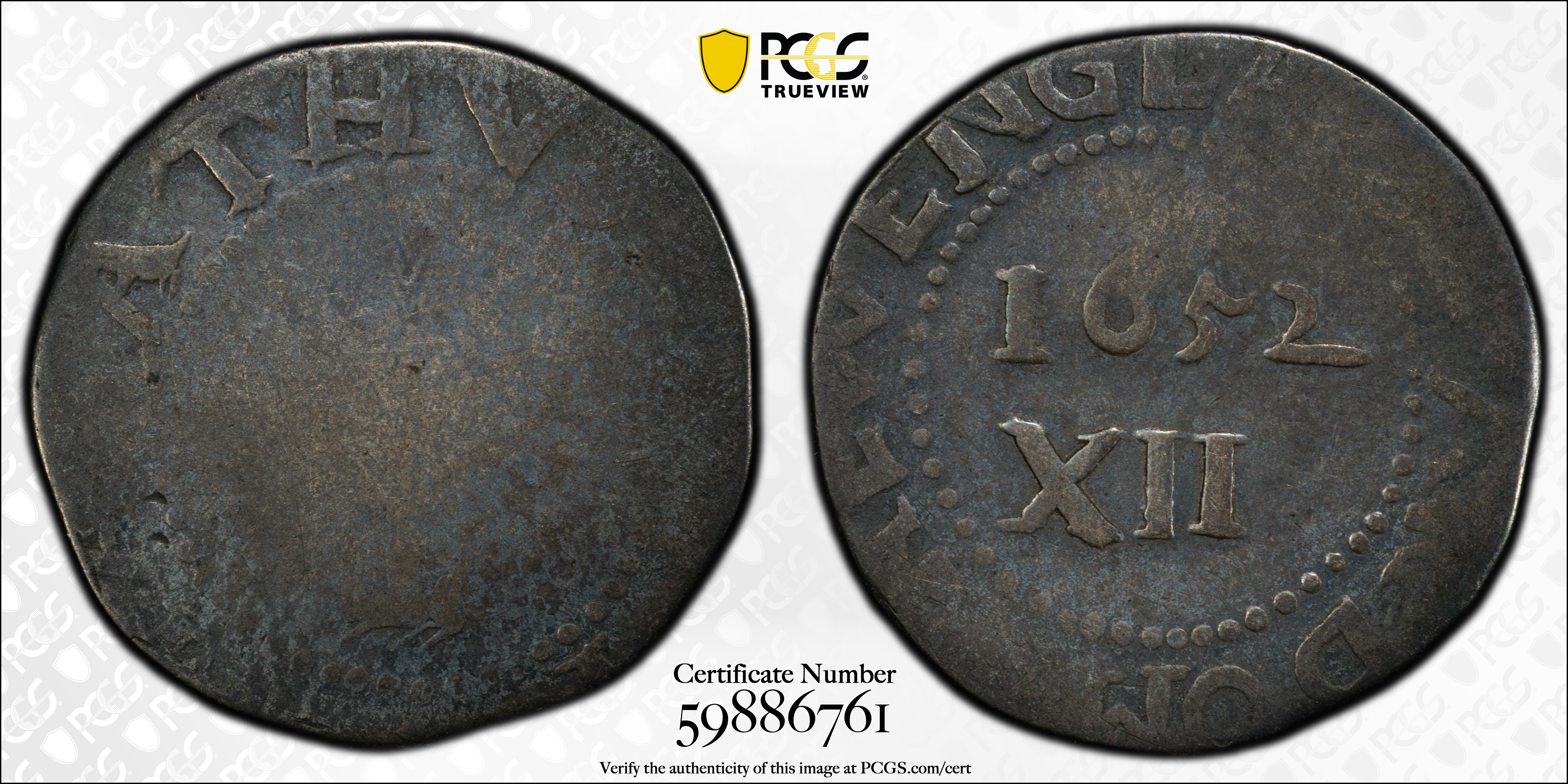 image for: 1652 Oak Tree Shilling. Noe-14, Salmon 11a-Gi, W-530. Rarity-4. IN at Bottom, Spiny Tree. Good-4 (PCGS).