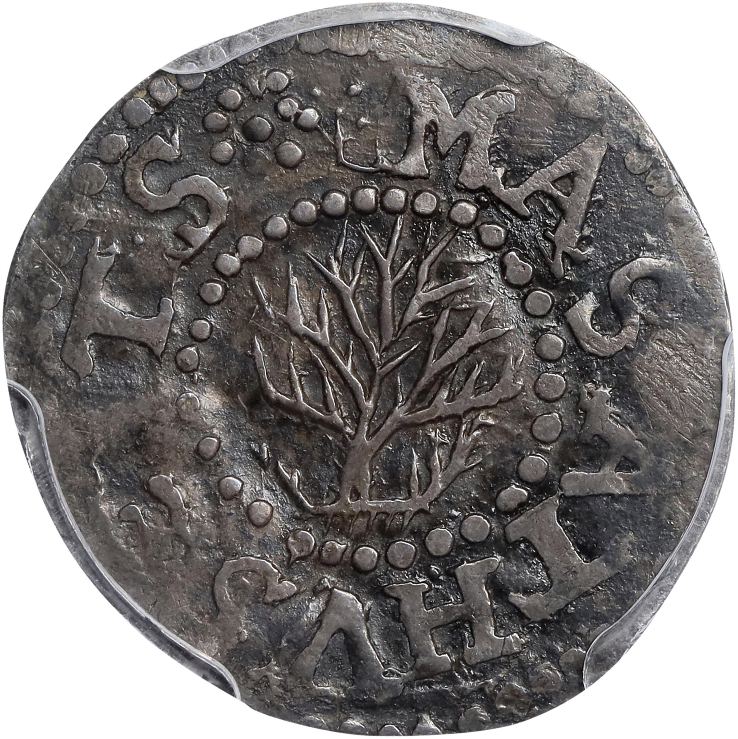 image for: 1652 Oak Tree Threepence. Noe-27, Salmon 5-Aii, W-300. Rarity-5. No IN on Obverse. AU-50 (PCGS).