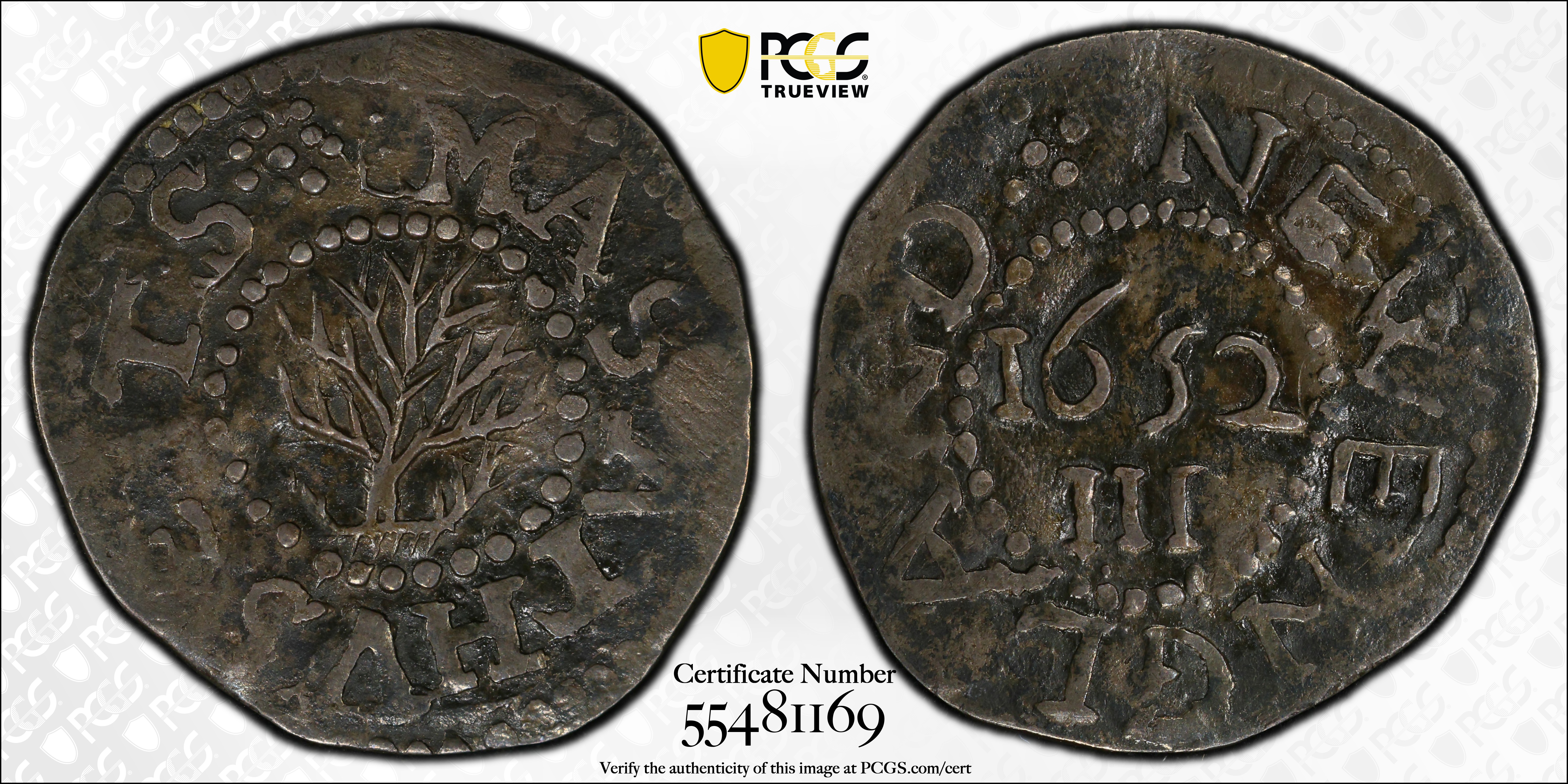 image for: 1652 Oak Tree Threepence. Noe-27, Salmon 5-Aii, W-300. Rarity-5. No IN on Obverse. AU-50 (PCGS).