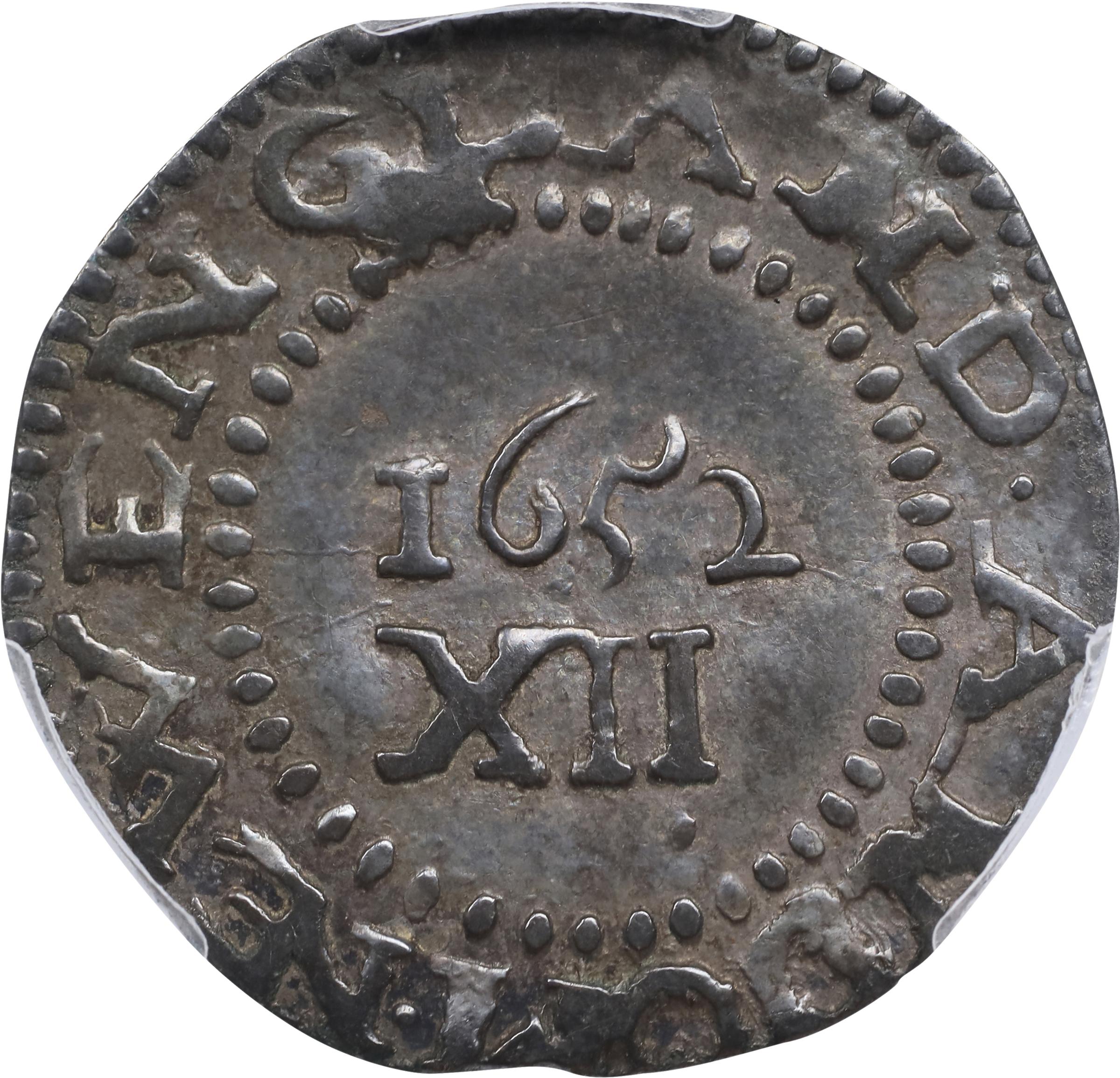 image for: 1652 Pine Tree Shilling. Large Planchet. Noe-8, Salmon 7-E, W-740. Rarity-4. Without Pellets at Trunk, Ligatured NE in Legend. AU-50 (PCGS).