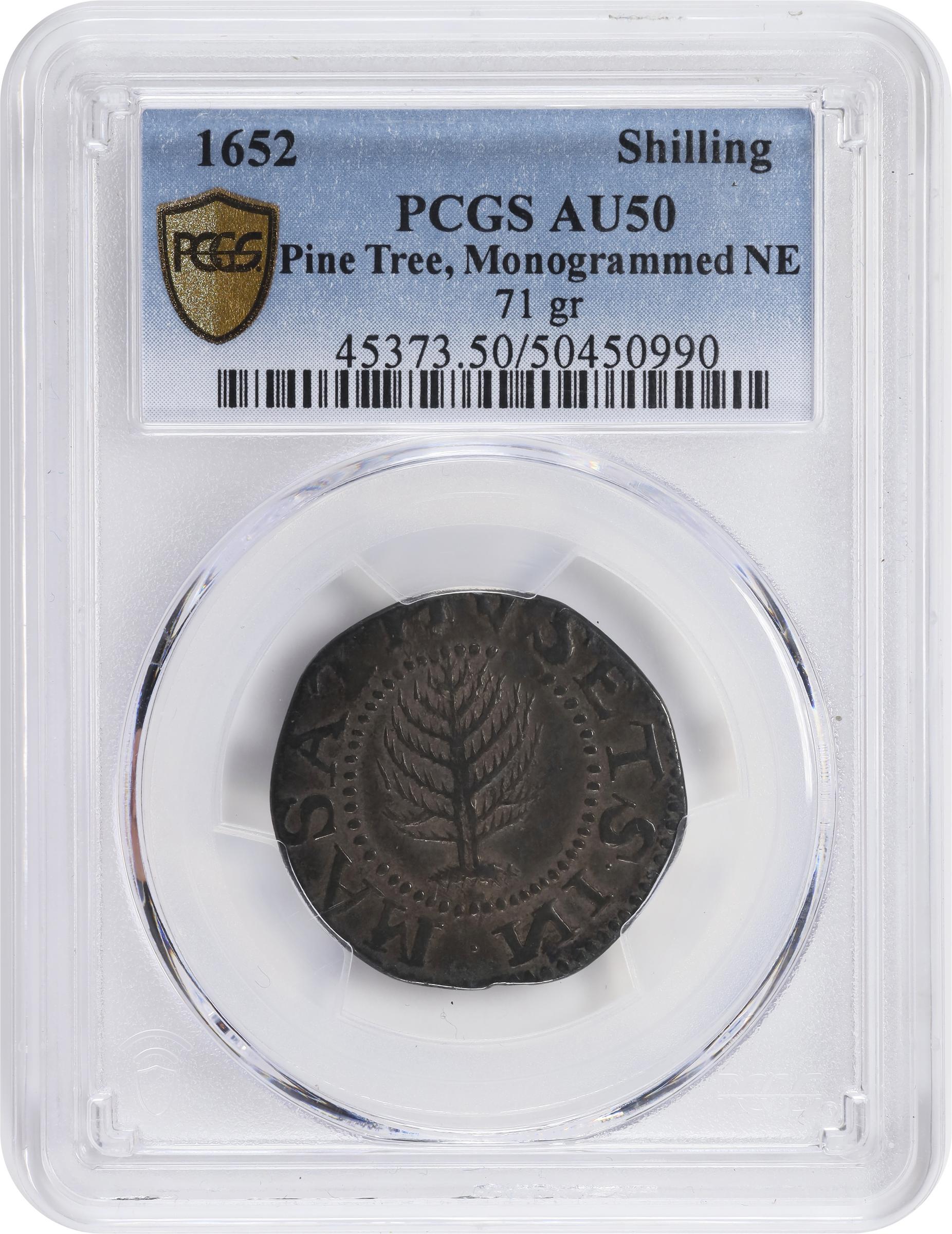 image for: 1652 Pine Tree Shilling. Large Planchet. Noe-8, Salmon 7-E, W-740. Rarity-4. Without Pellets at Trunk, Ligatured NE in Legend. AU-50 (PCGS).