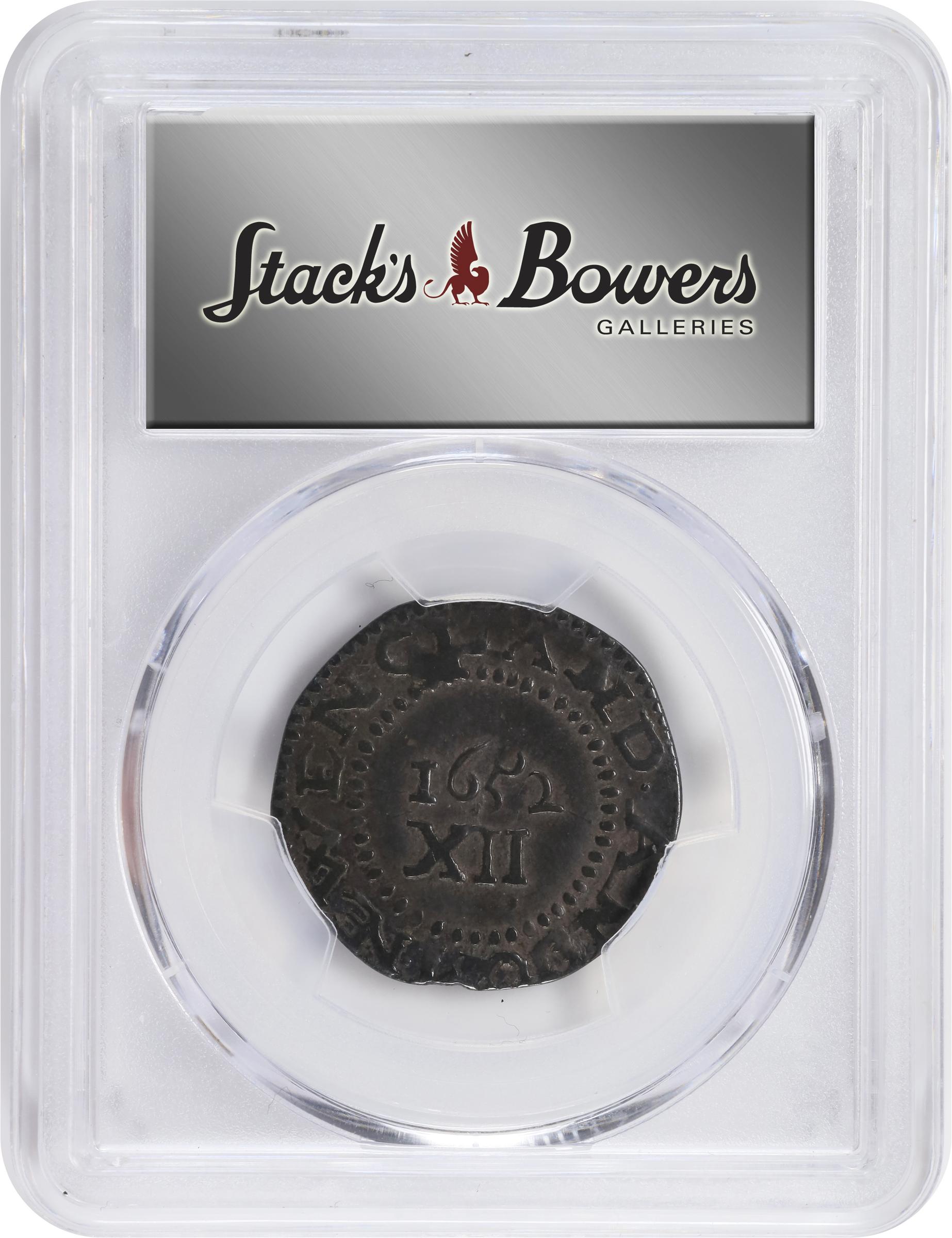 image for: 1652 Pine Tree Shilling. Large Planchet. Noe-8, Salmon 7-E, W-740. Rarity-4. Without Pellets at Trunk, Ligatured NE in Legend. AU-50 (PCGS).