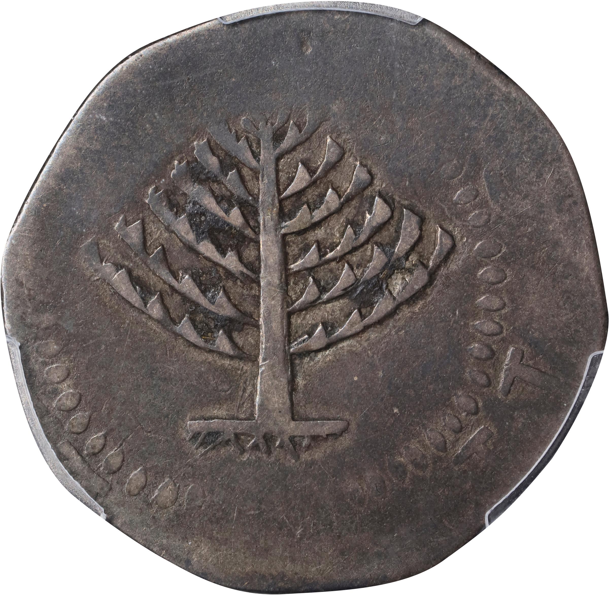 image for: 1652 Pine Tree Shilling. Large Planchet. Noe-13, Salmon 13-X, W-780. Rarity-6+. Without Pellets at Trunk. VG-8 (PCGS).