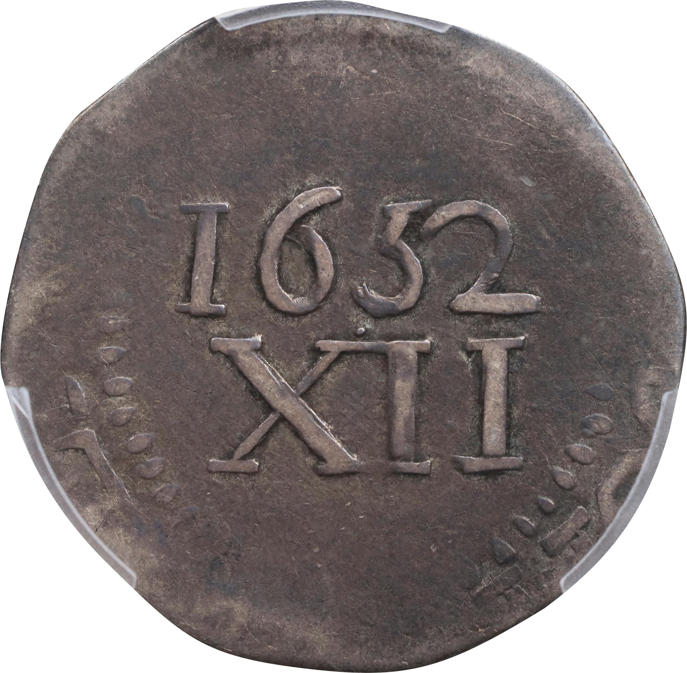 image for: 1652 Pine Tree Shilling. Large Planchet. Noe-13, Salmon 13-X, W-780. Rarity-6+. Without Pellets at Trunk. VG-8 (PCGS).