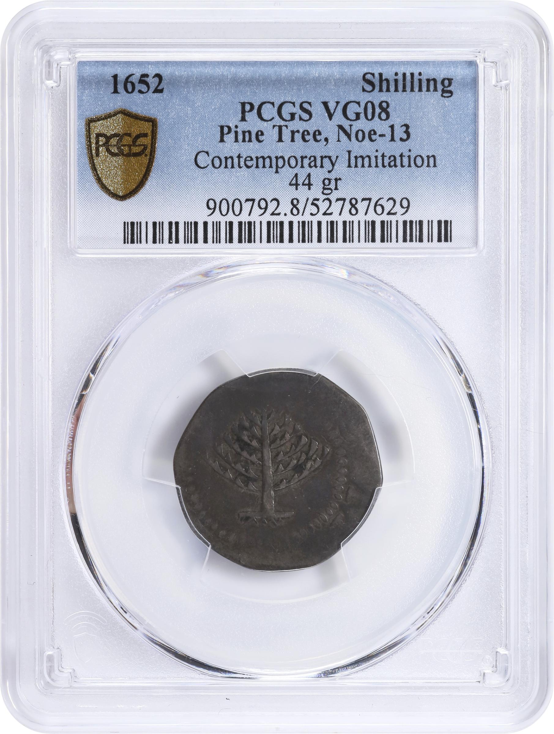 image for: 1652 Pine Tree Shilling. Large Planchet. Noe-13, Salmon 13-X, W-780. Rarity-6+. Without Pellets at Trunk. VG-8 (PCGS).