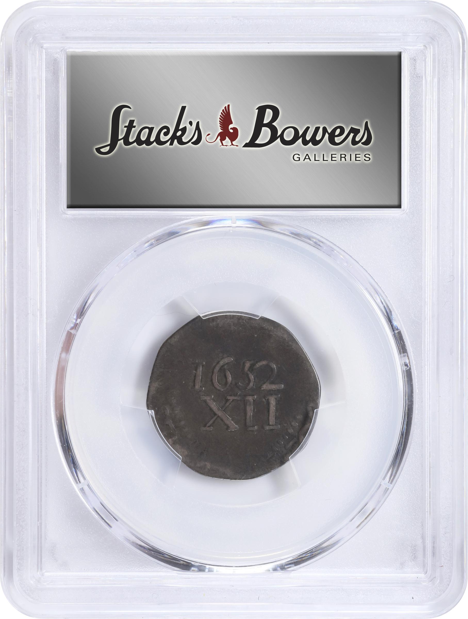 image for: 1652 Pine Tree Shilling. Large Planchet. Noe-13, Salmon 13-X, W-780. Rarity-6+. Without Pellets at Trunk. VG-8 (PCGS).