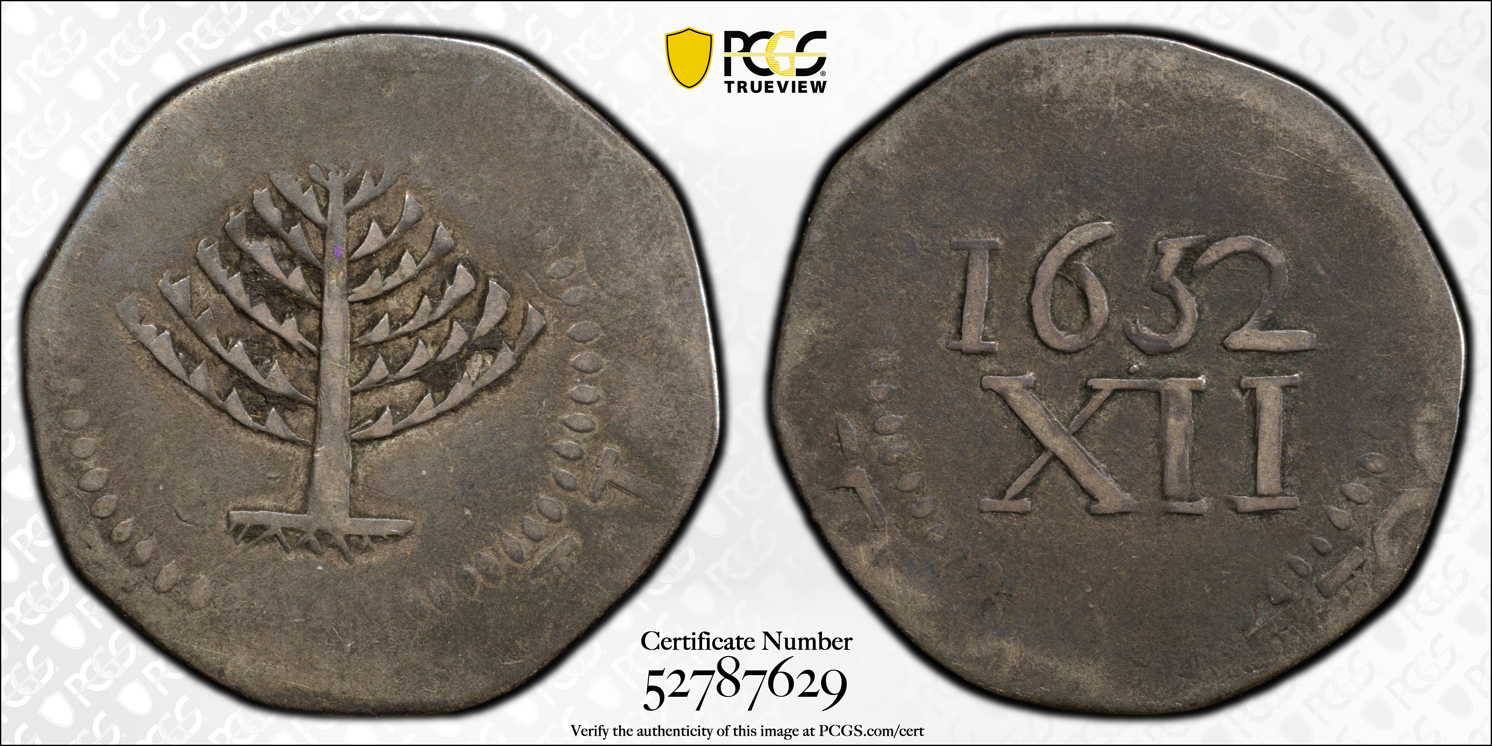 image for: 1652 Pine Tree Shilling. Large Planchet. Noe-13, Salmon 13-X, W-780. Rarity-6+. Without Pellets at Trunk. VG-8 (PCGS).
