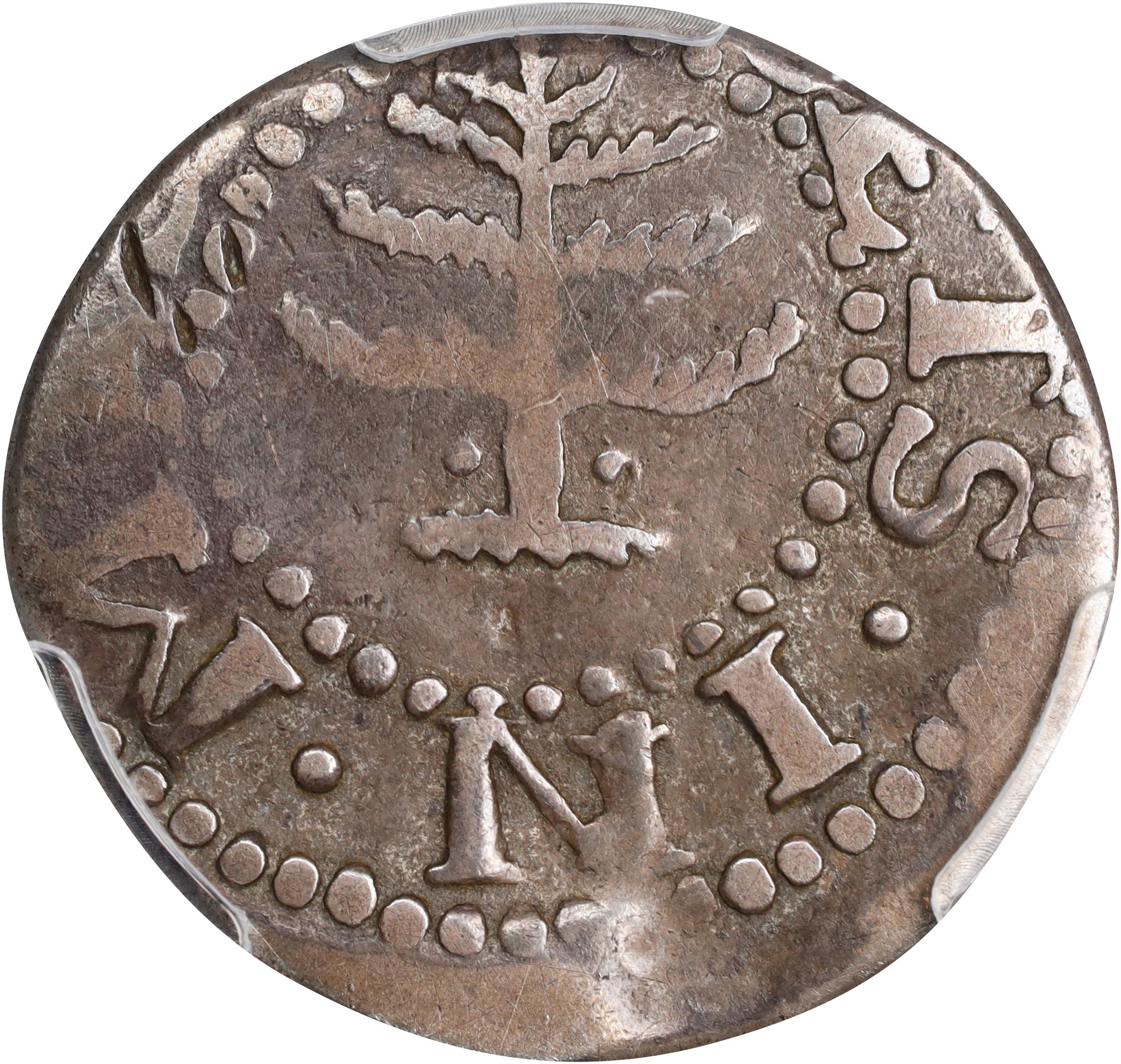 image for: 1652 Pine Tree Sixpence. Noe-33, Salmon 2-B, W-670. Rarity-3. Pellets at Trunk. VF-30 (PCGS).