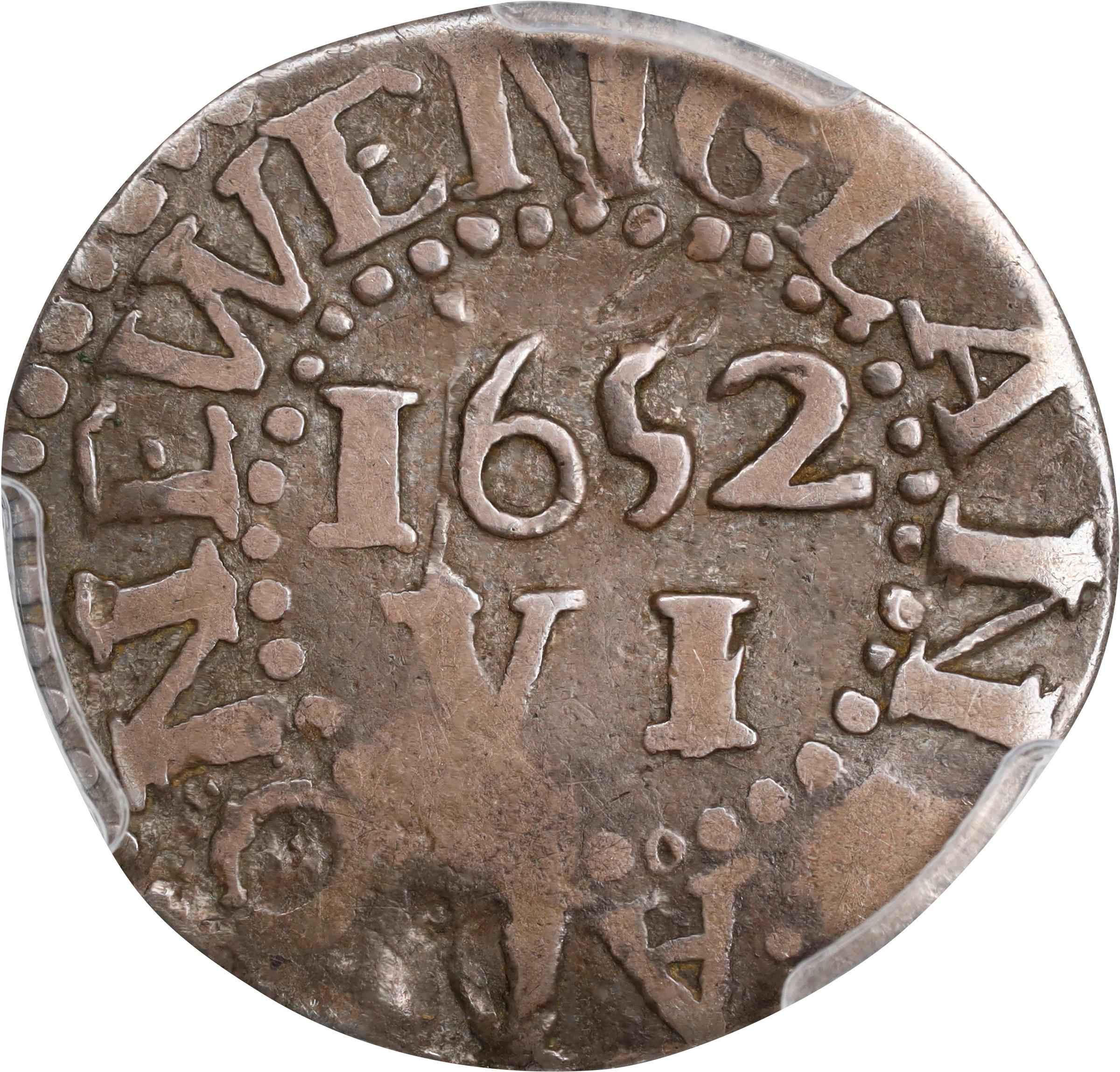 image for: 1652 Pine Tree Sixpence. Noe-33, Salmon 2-B, W-670. Rarity-3. Pellets at Trunk. VF-30 (PCGS).
