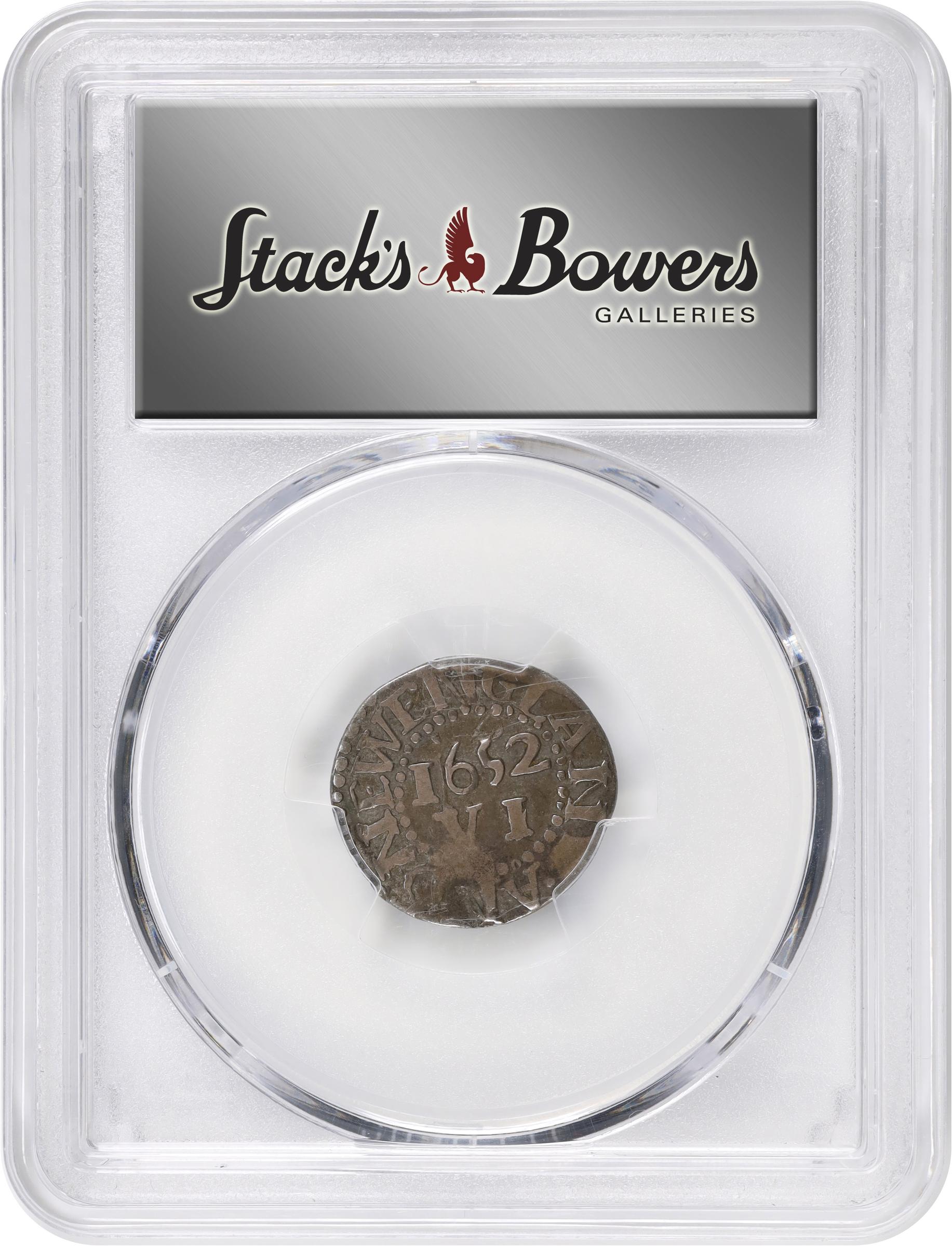 image for: 1652 Pine Tree Sixpence. Noe-33, Salmon 2-B, W-670. Rarity-3. Pellets at Trunk. VF-30 (PCGS).