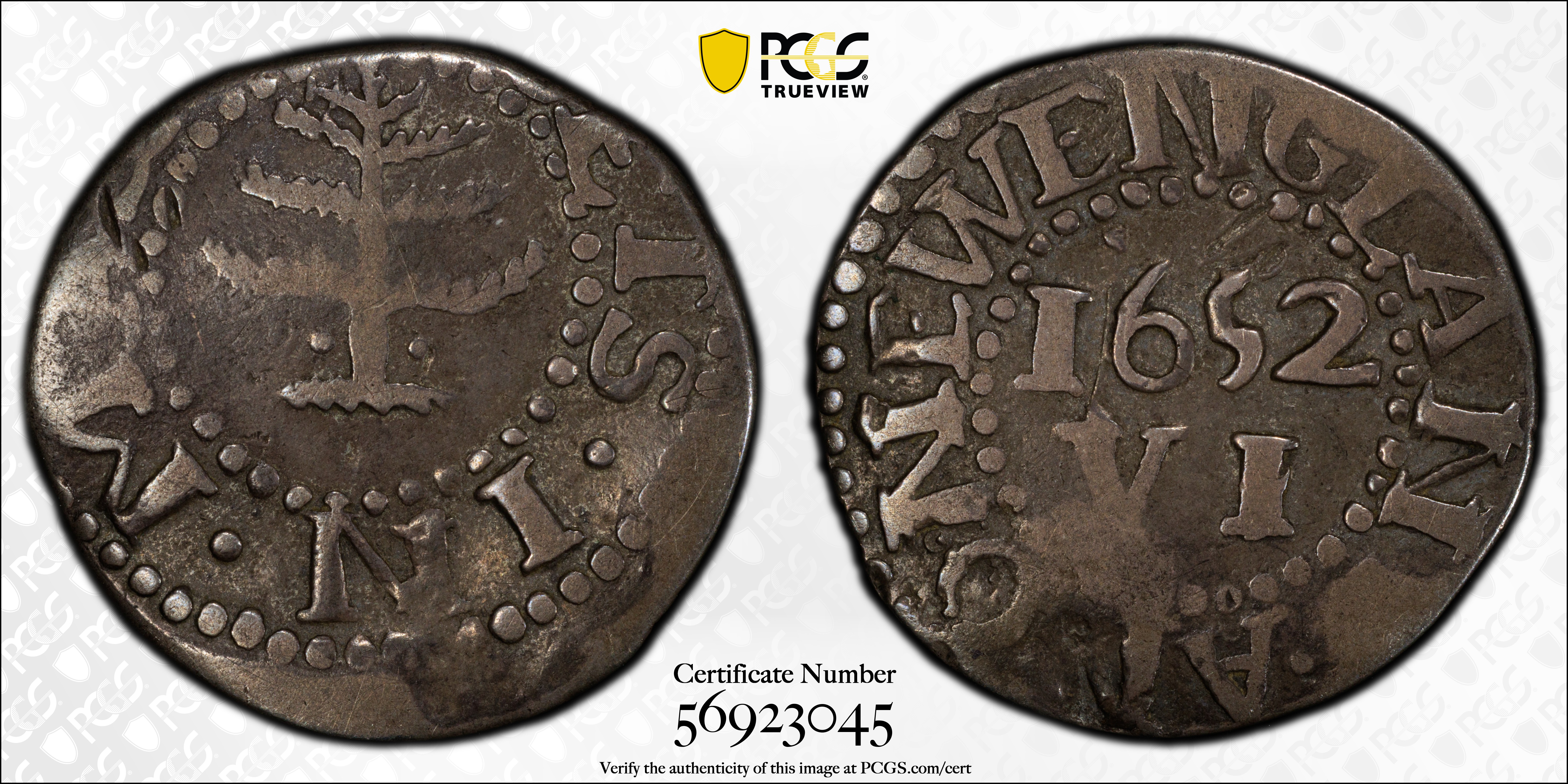image for: 1652 Pine Tree Sixpence. Noe-33, Salmon 2-B, W-670. Rarity-3. Pellets at Trunk. VF-30 (PCGS).
