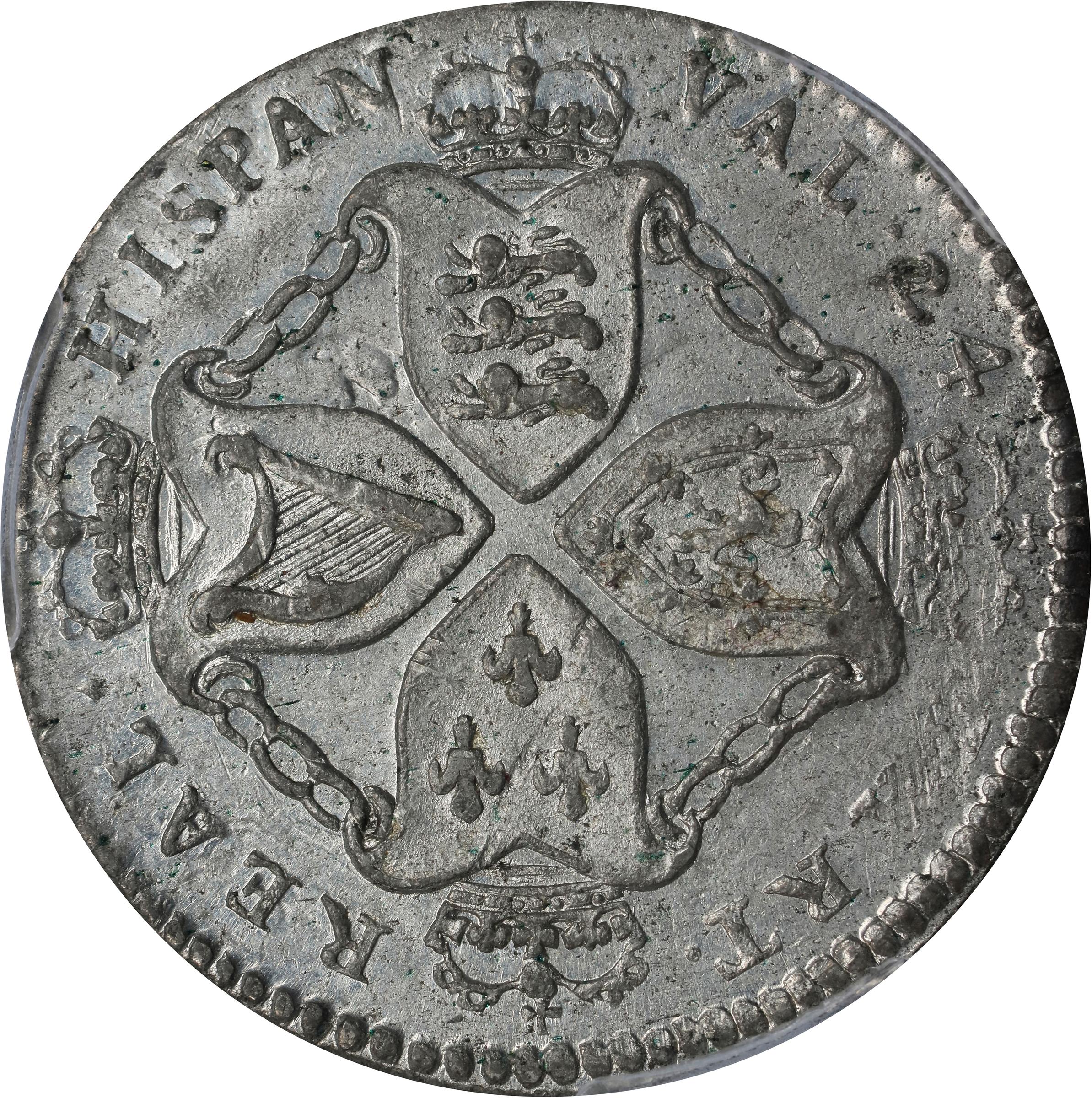 image for: Undated (ca. 1828) American Plantations Token, or 1/24 Part Real. Restrike. Newman 5-D, W-1160. Rarity-4+. 11 Harp Strings. MS-62 (PCGS).