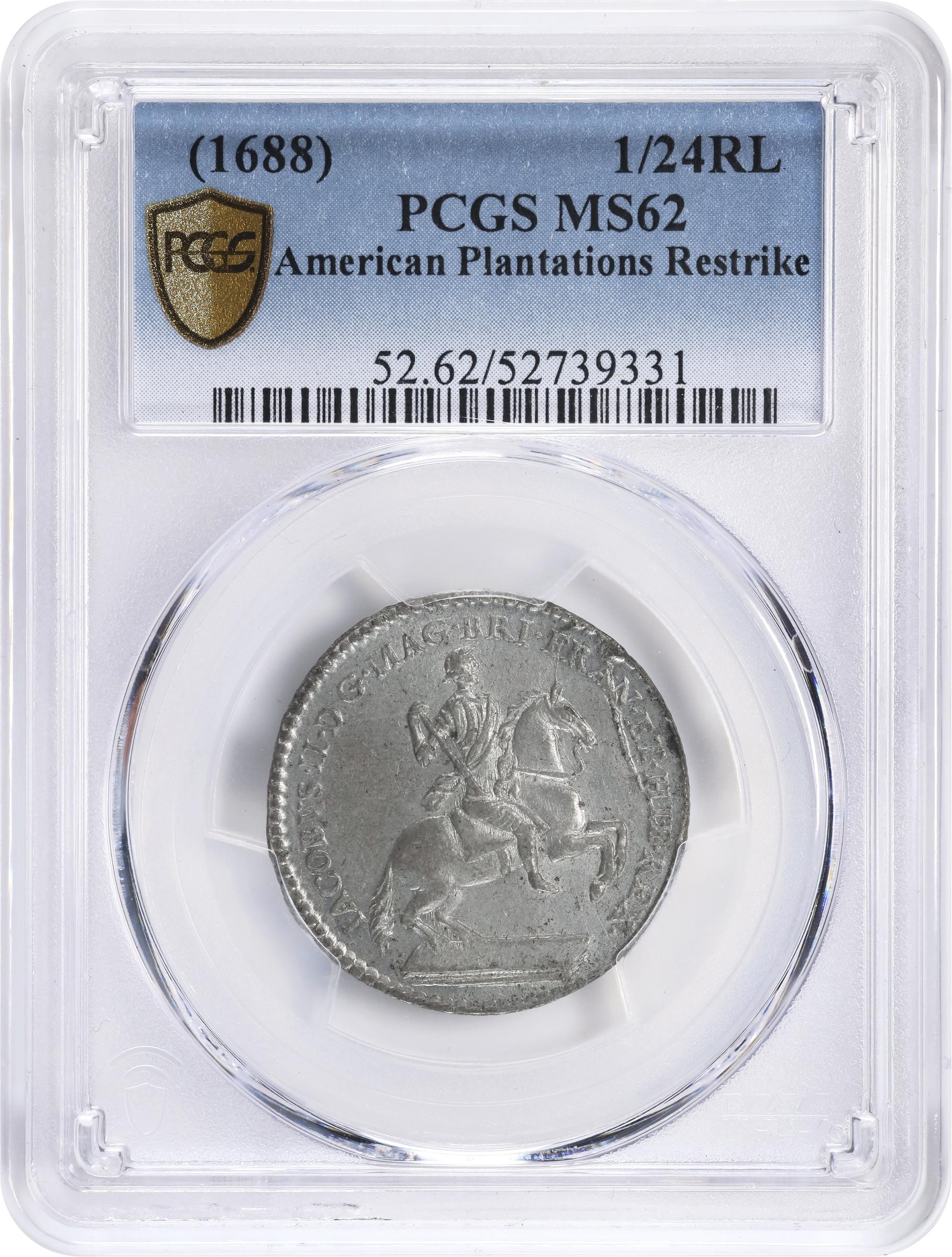 image for: Undated (ca. 1828) American Plantations Token, or 1/24 Part Real. Restrike. Newman 5-D, W-1160. Rarity-4+. 11 Harp Strings. MS-62 (PCGS).