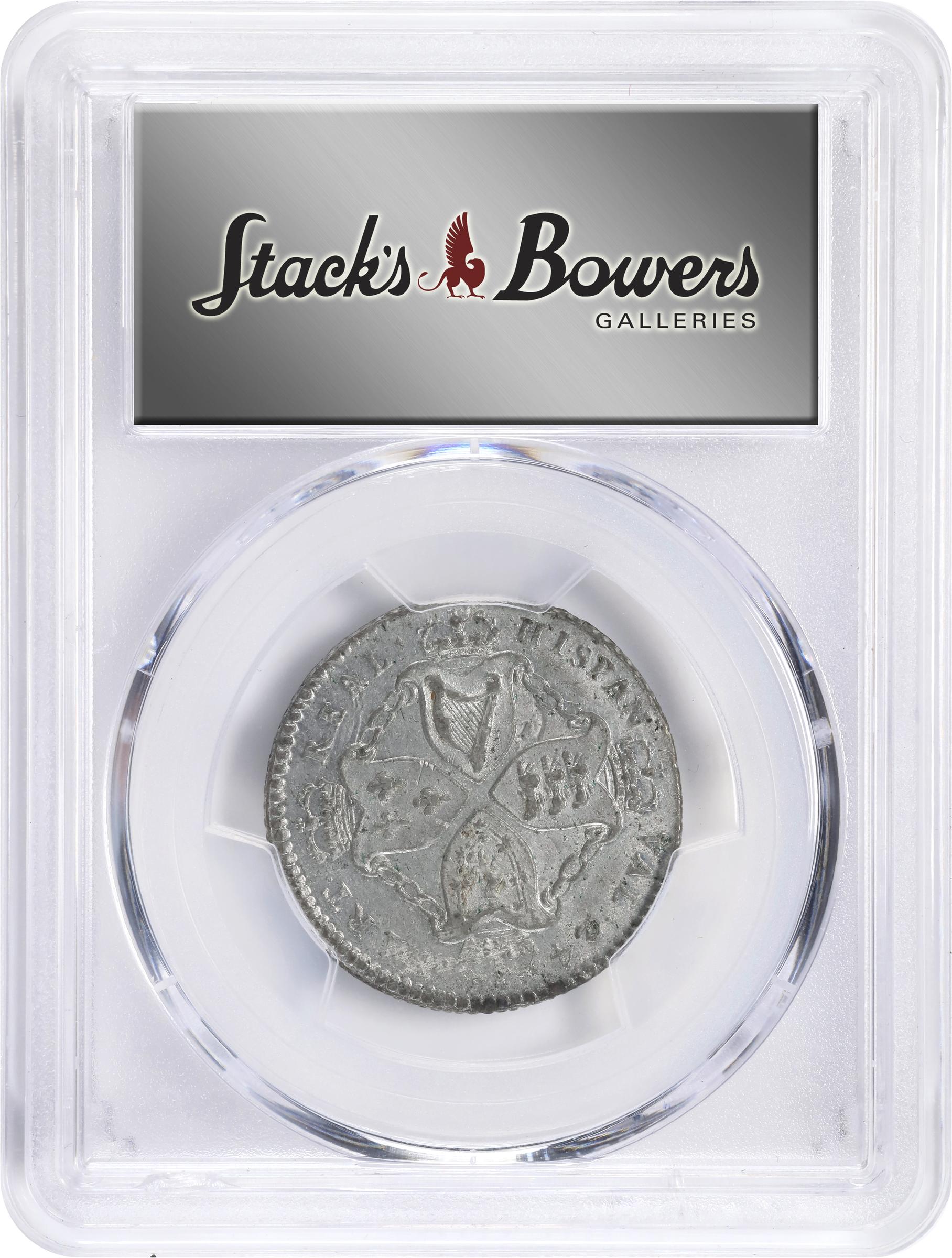 image for: Undated (ca. 1828) American Plantations Token, or 1/24 Part Real. Restrike. Newman 5-D, W-1160. Rarity-4+. 11 Harp Strings. MS-62 (PCGS).