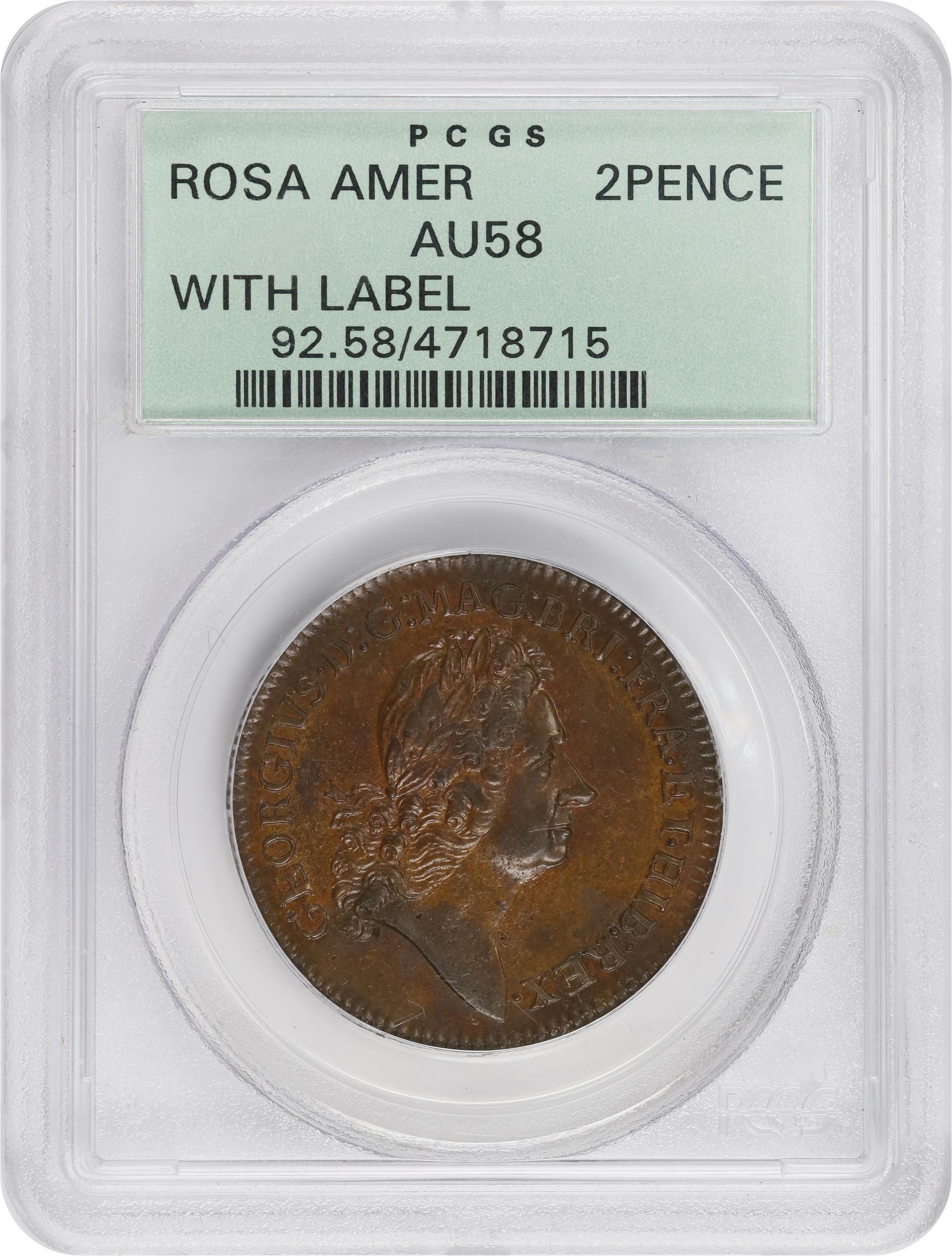 image for: Undated (1722) Rosa Americana Twopence. Martin 2.1-B.1, W-1322. Rarity-3. Motto in Ribbon. AU-58 (PCGS). OGH.