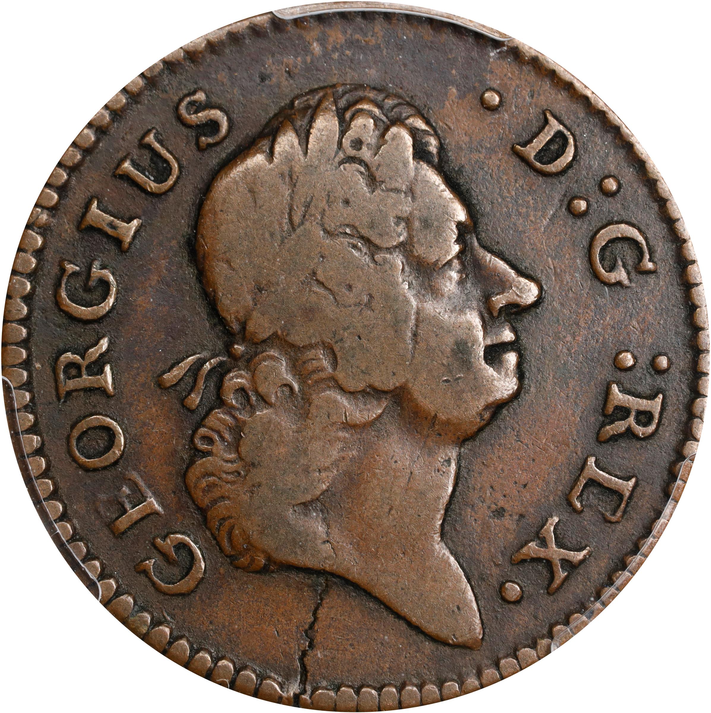 image for: 1722 Wood's Hibernia Farthing. Martin 1.1-A.1, W-12200. Rarity-5. D: G: REX, Harp Left. VF-20 (PCGS).