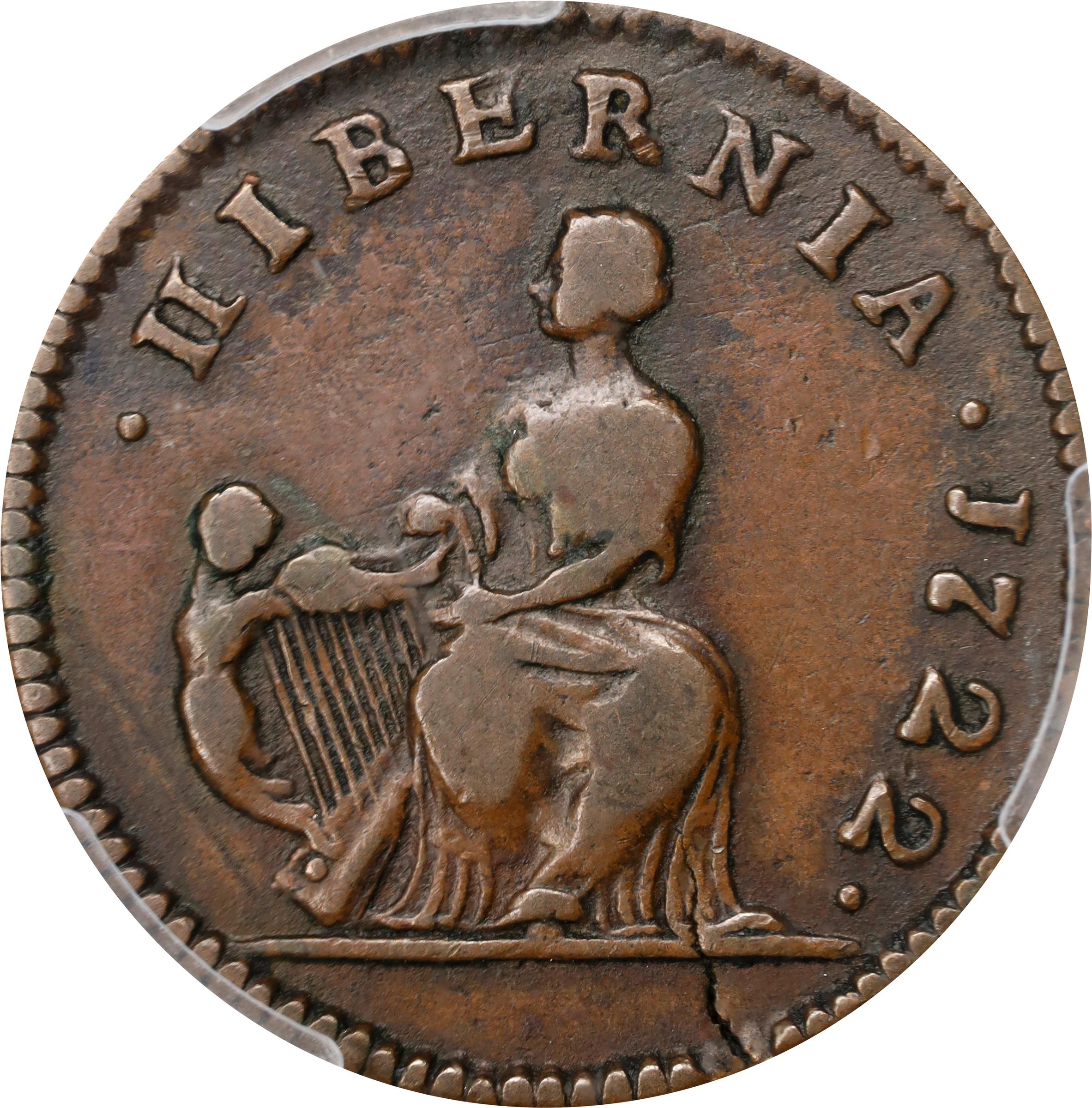 image for: 1722 Wood's Hibernia Farthing. Martin 1.1-A.1, W-12200. Rarity-5. D: G: REX, Harp Left. VF-20 (PCGS).