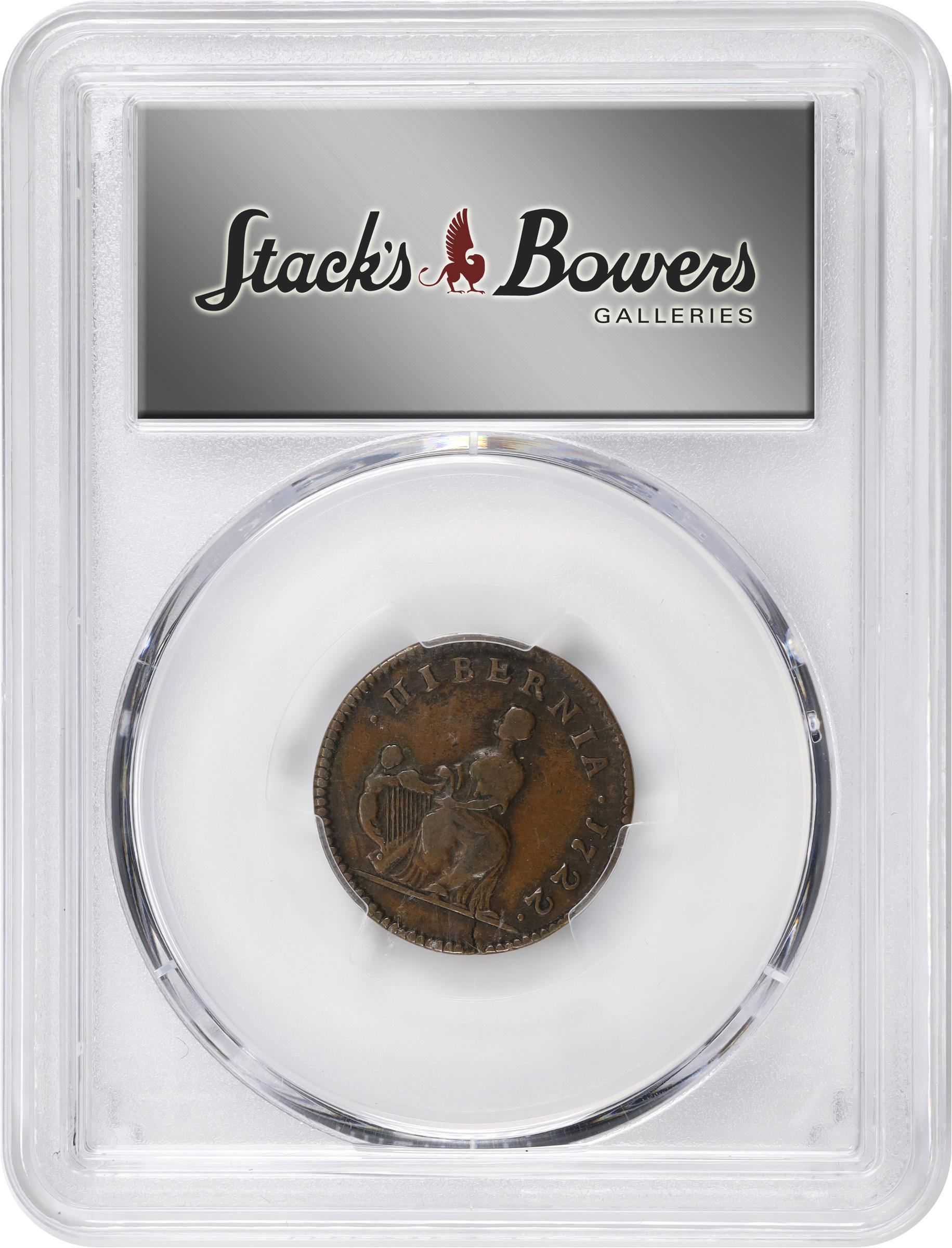 image for: 1722 Wood's Hibernia Farthing. Martin 1.1-A.1, W-12200. Rarity-5. D: G: REX, Harp Left. VF-20 (PCGS).