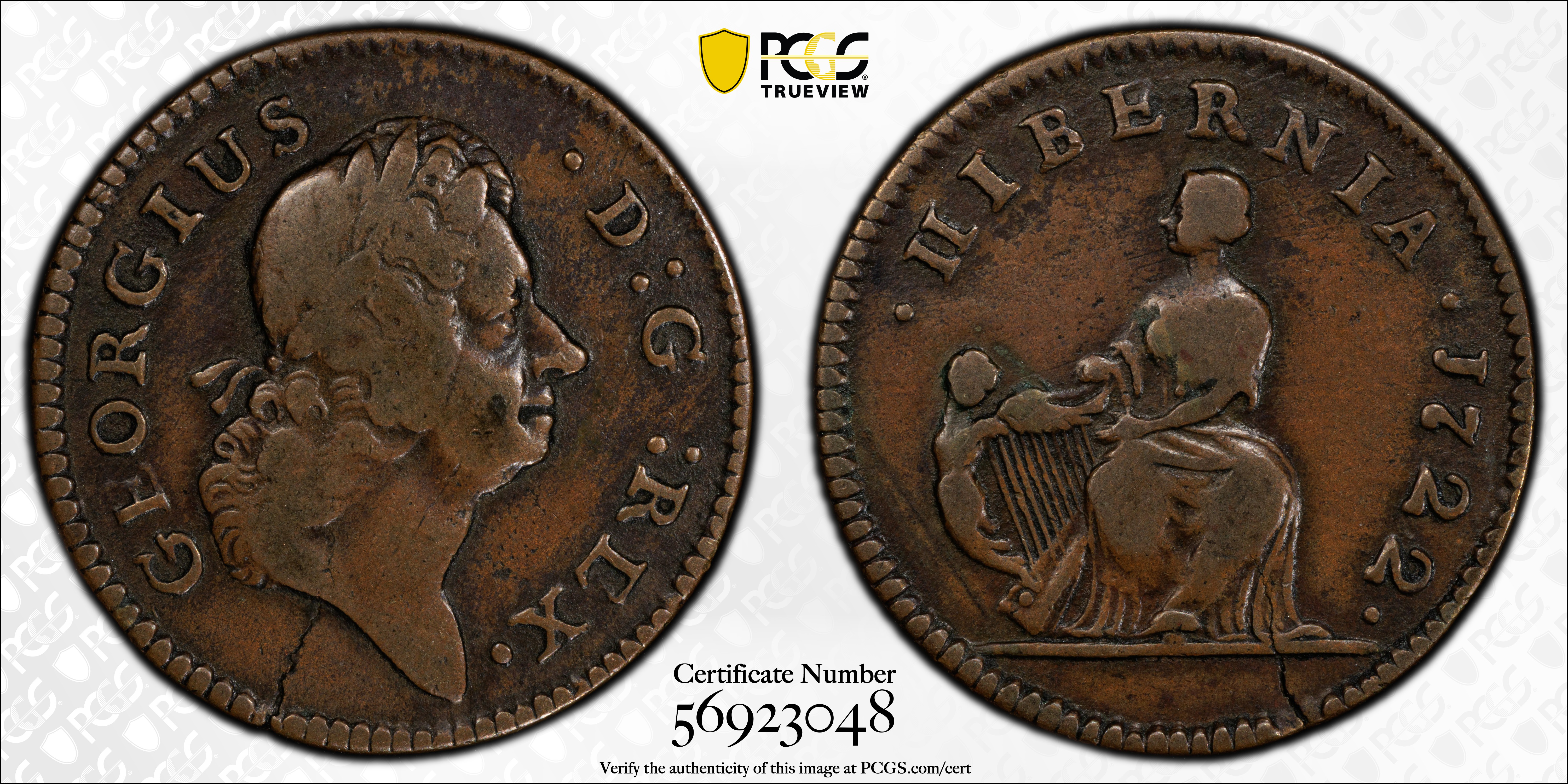 image for: 1722 Wood's Hibernia Farthing. Martin 1.1-A.1, W-12200. Rarity-5. D: G: REX, Harp Left. VF-20 (PCGS).