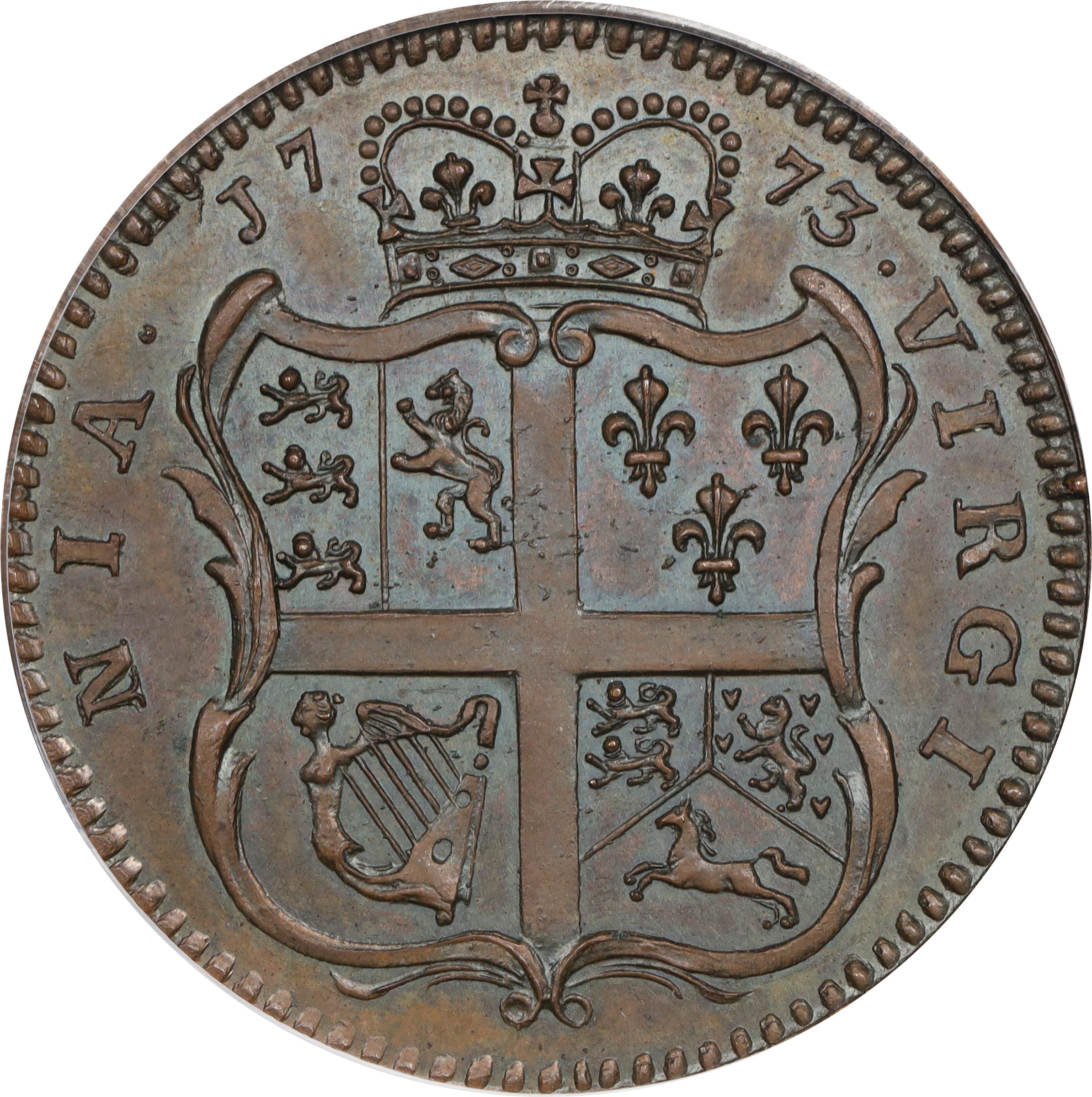 image for: 1773 Virginia "Penny." Newman 1-A, W-1390. Rarity-6. Proof-64 BN (PCGS). OGH