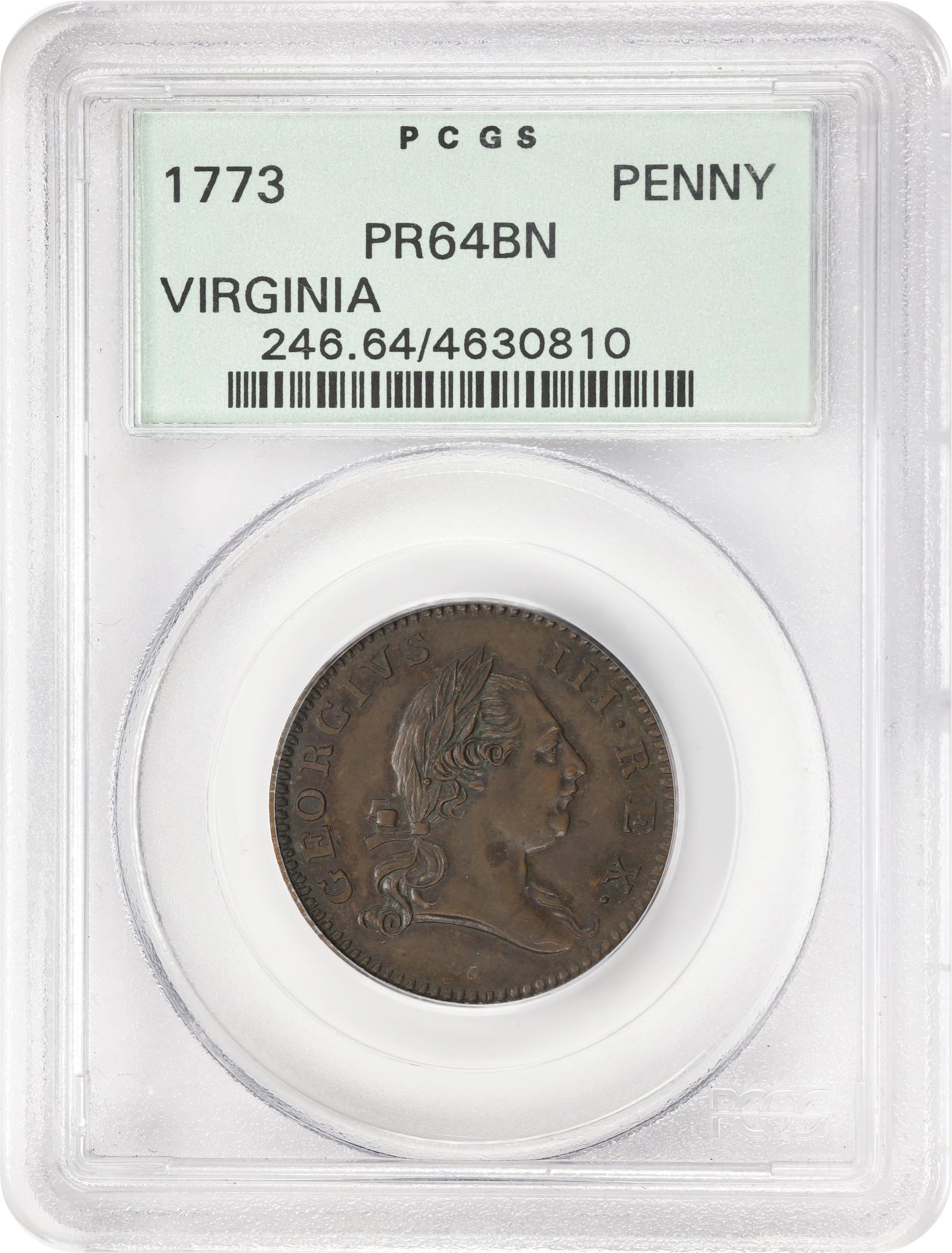 image for: 1773 Virginia "Penny." Newman 1-A, W-1390. Rarity-6. Proof-64 BN (PCGS). OGH