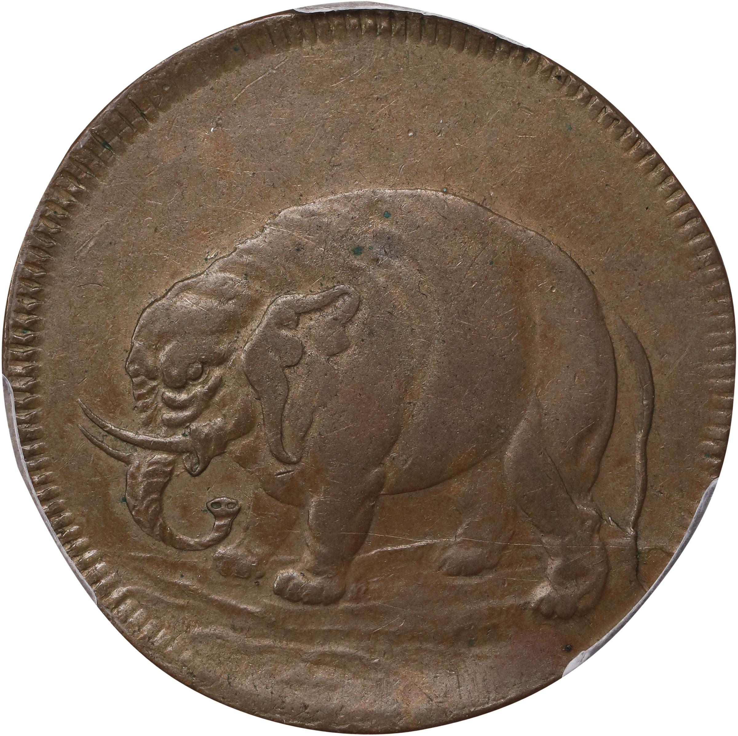 image for: Undated (ca. 1694) London Elephant Token. Hodder 1-A, W-12000. Rarity-6+. GOD PRESERVE LONDON. Diagonals in Center of Shield. AU-58 (PCGS).